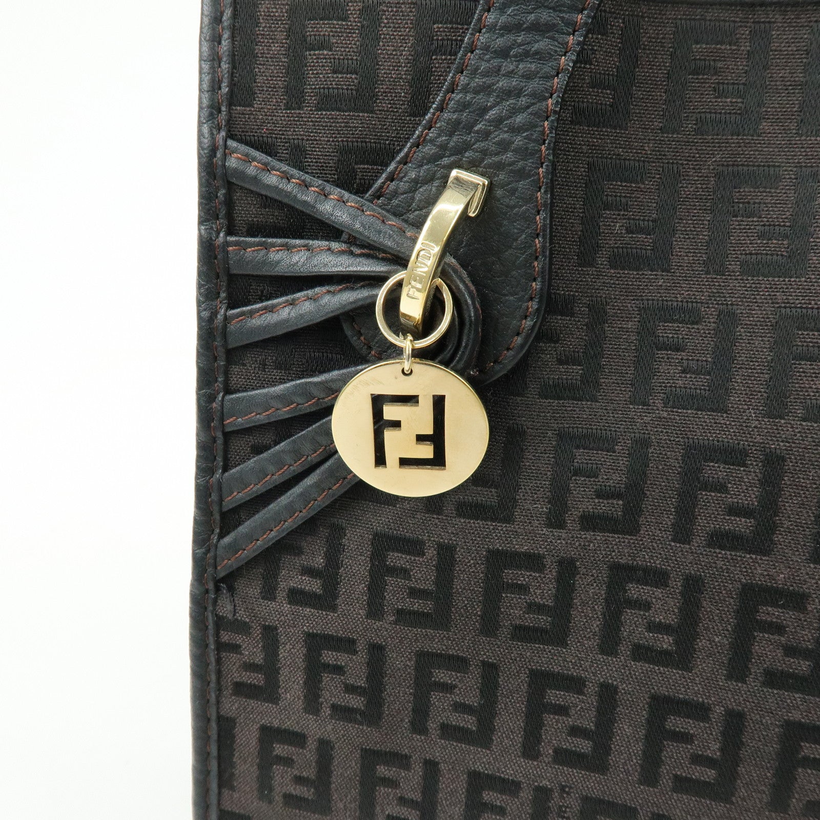 FENDI Zucchino Canvas Leather Hand Bag Tote Bag Brown 8BH152