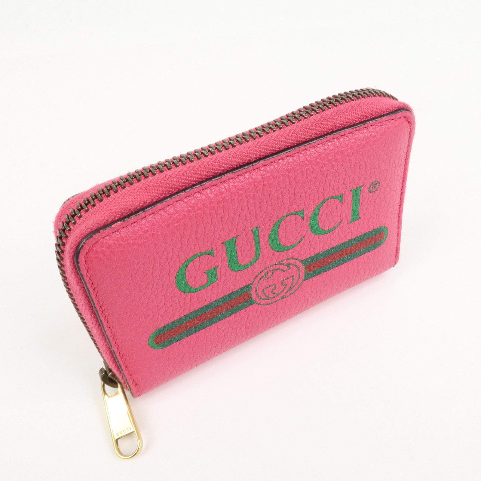 GUCCI Sherry Leather Logo Print Round Zipper Coin Case Pink 496319