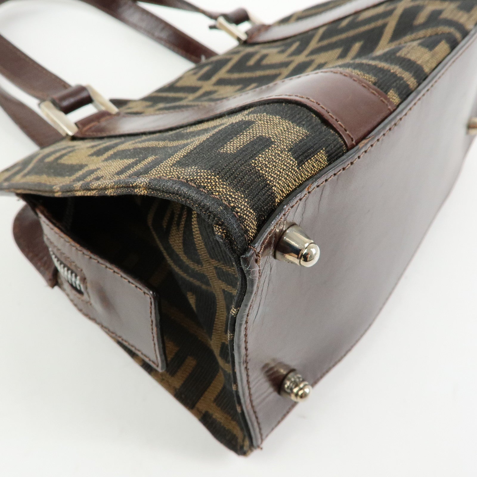 FENDI Zucca Jacquard Canvas Leather Top Handle Hand Bag Brown