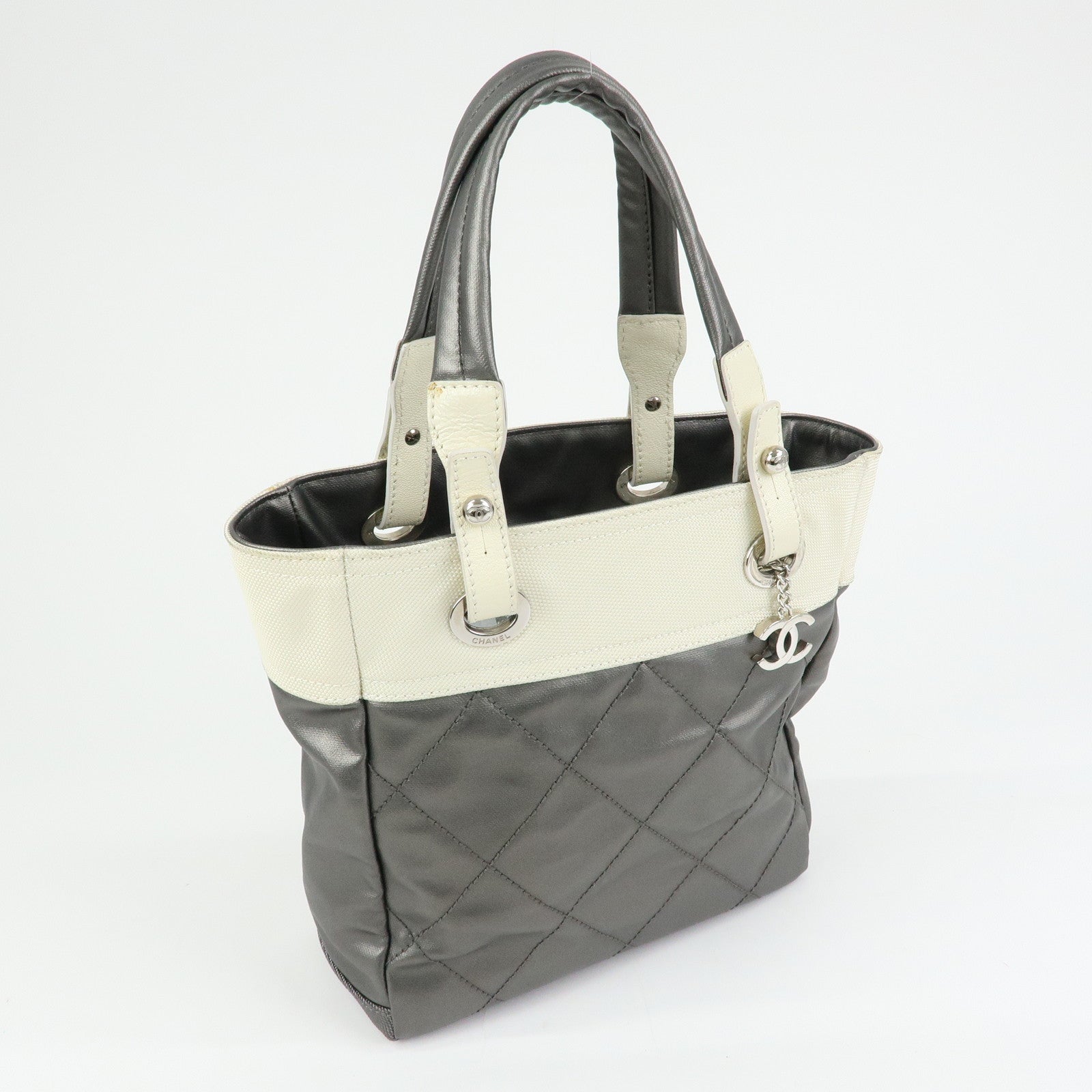 CHANEL Paris-Biarritz PVC Canvas Leather Tote Bag Gray Ivory A34208