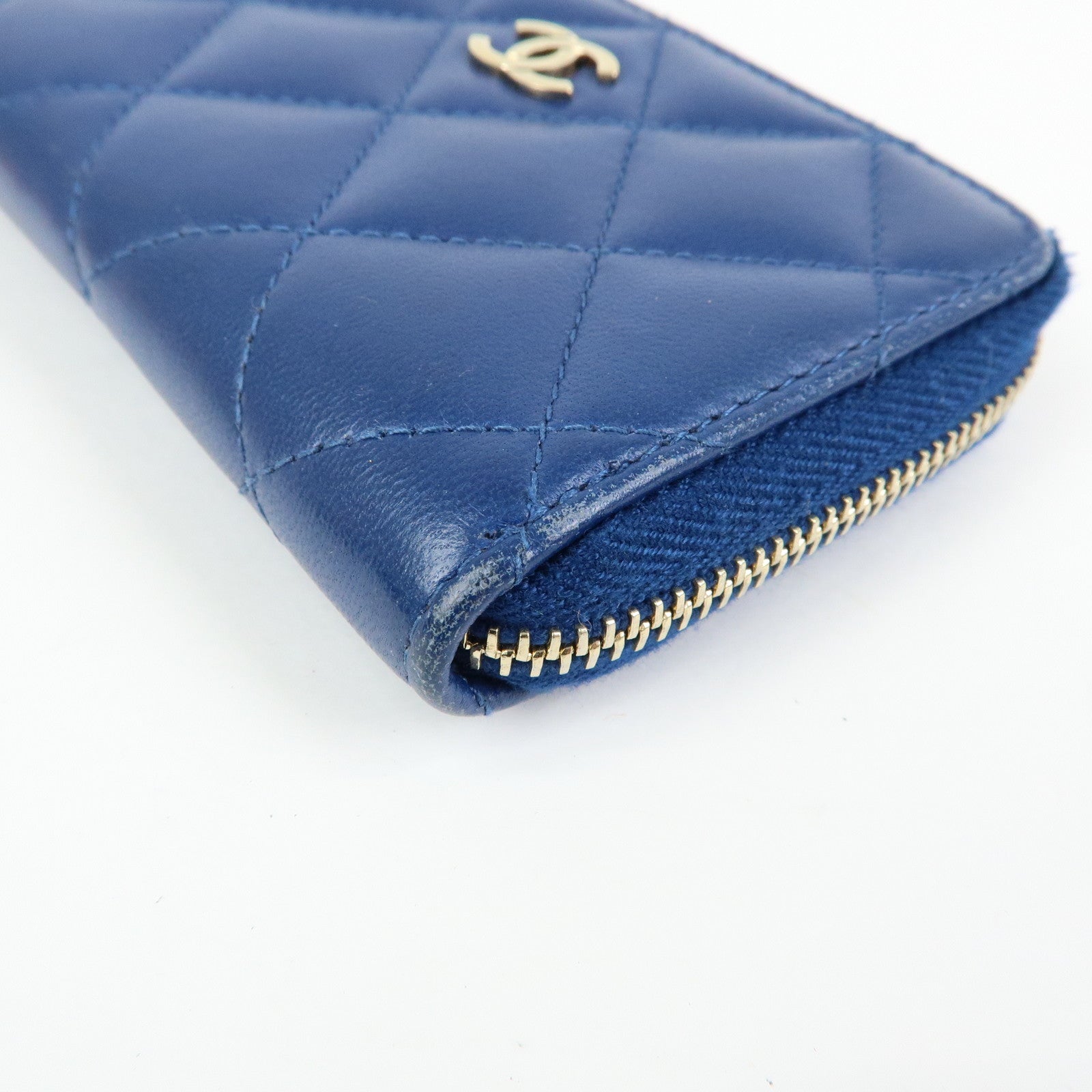 CHANEL Matelasse COCO Mark Lamb Skin Coin Case Card Case Blue