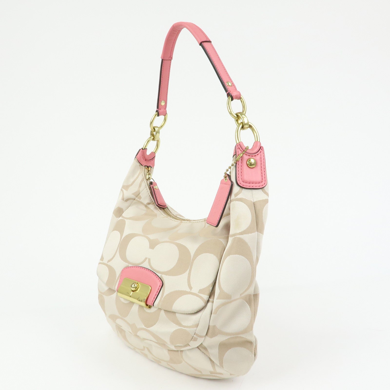 COACH Signature Nylon Leather 2Way Shoulder Bag Hand Bag Beige Pink