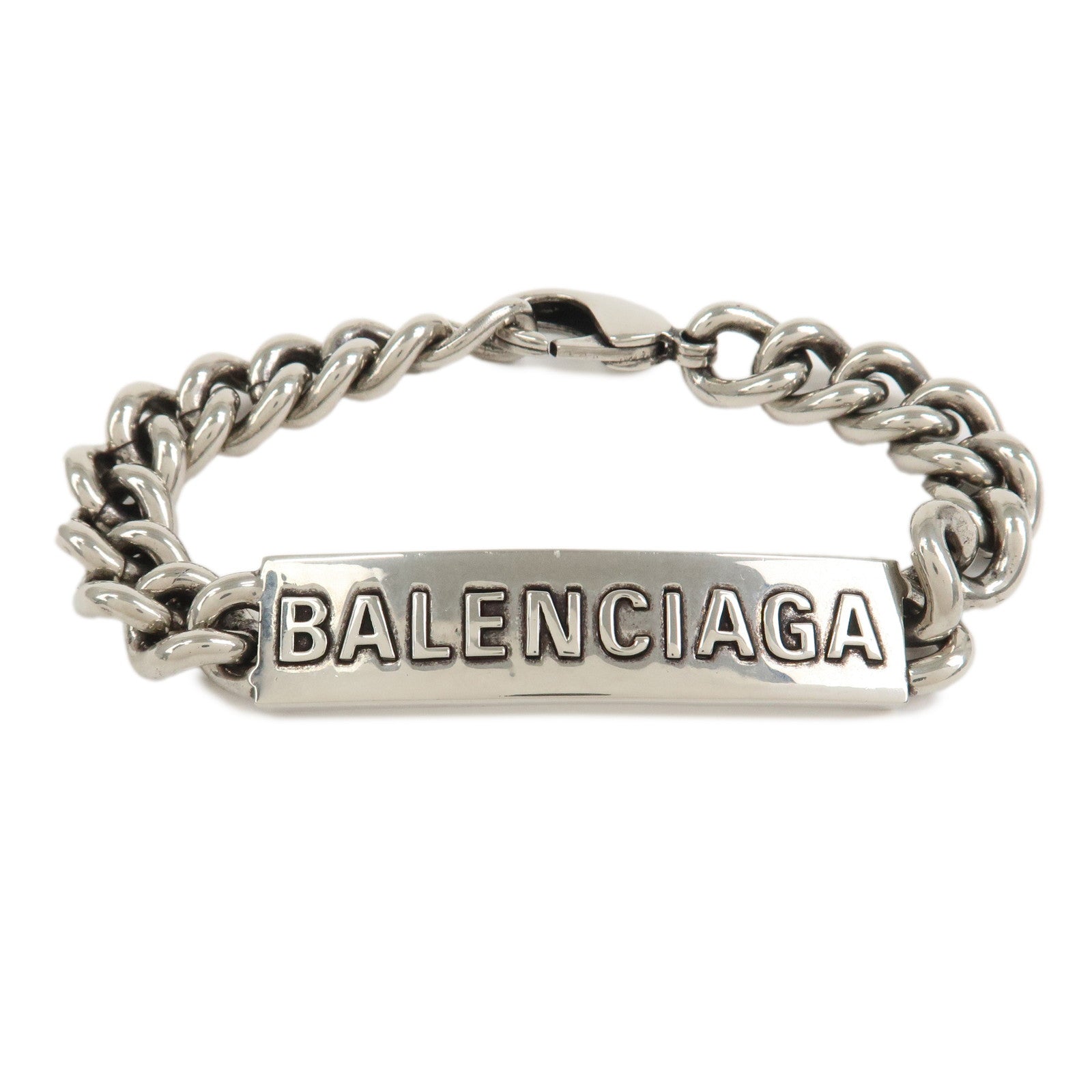 BALENCIAGA Logo Plate Metal Chain Bracelet Silver