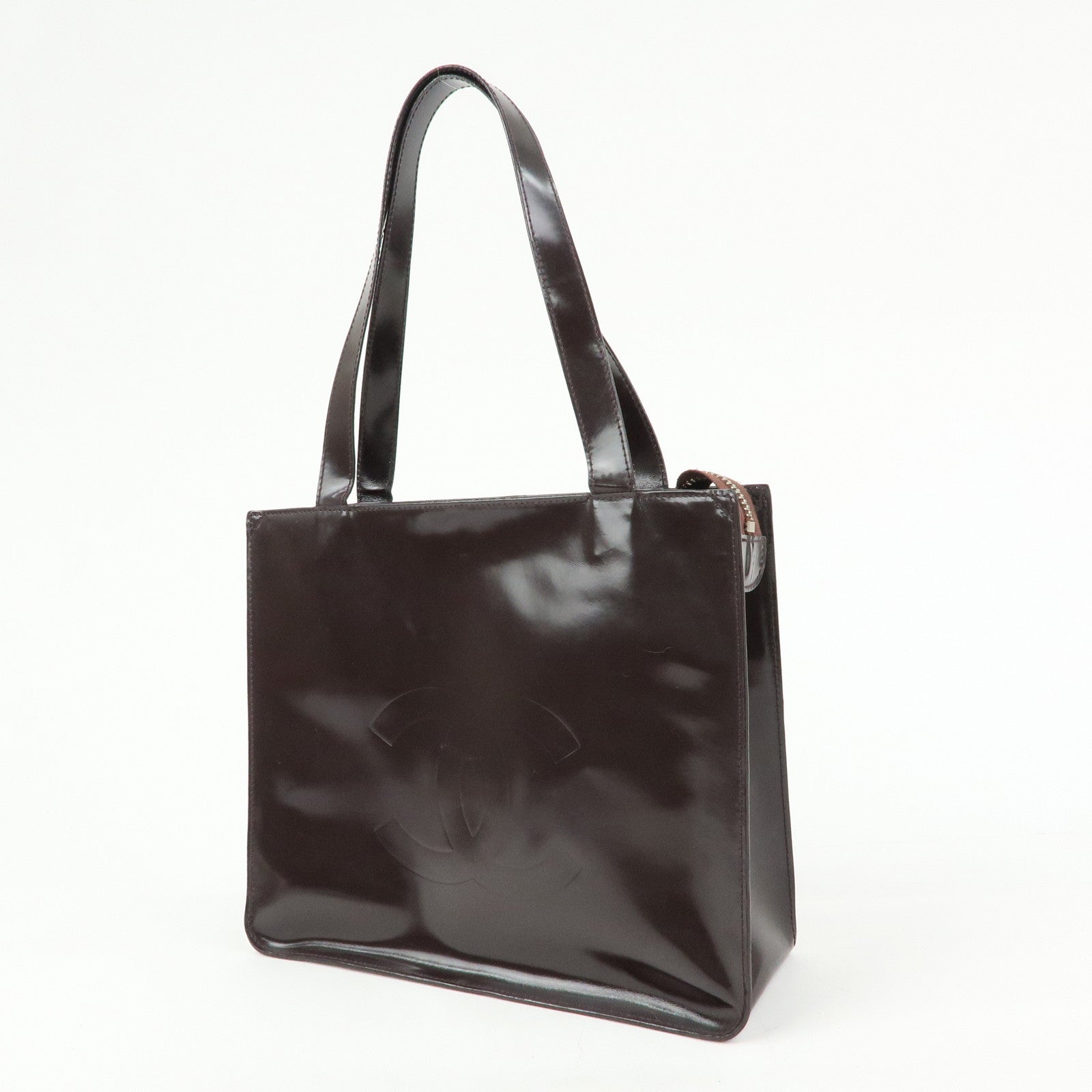 CHANEL Logo Patent Leather Tote Bag Shoulder Bag Brown