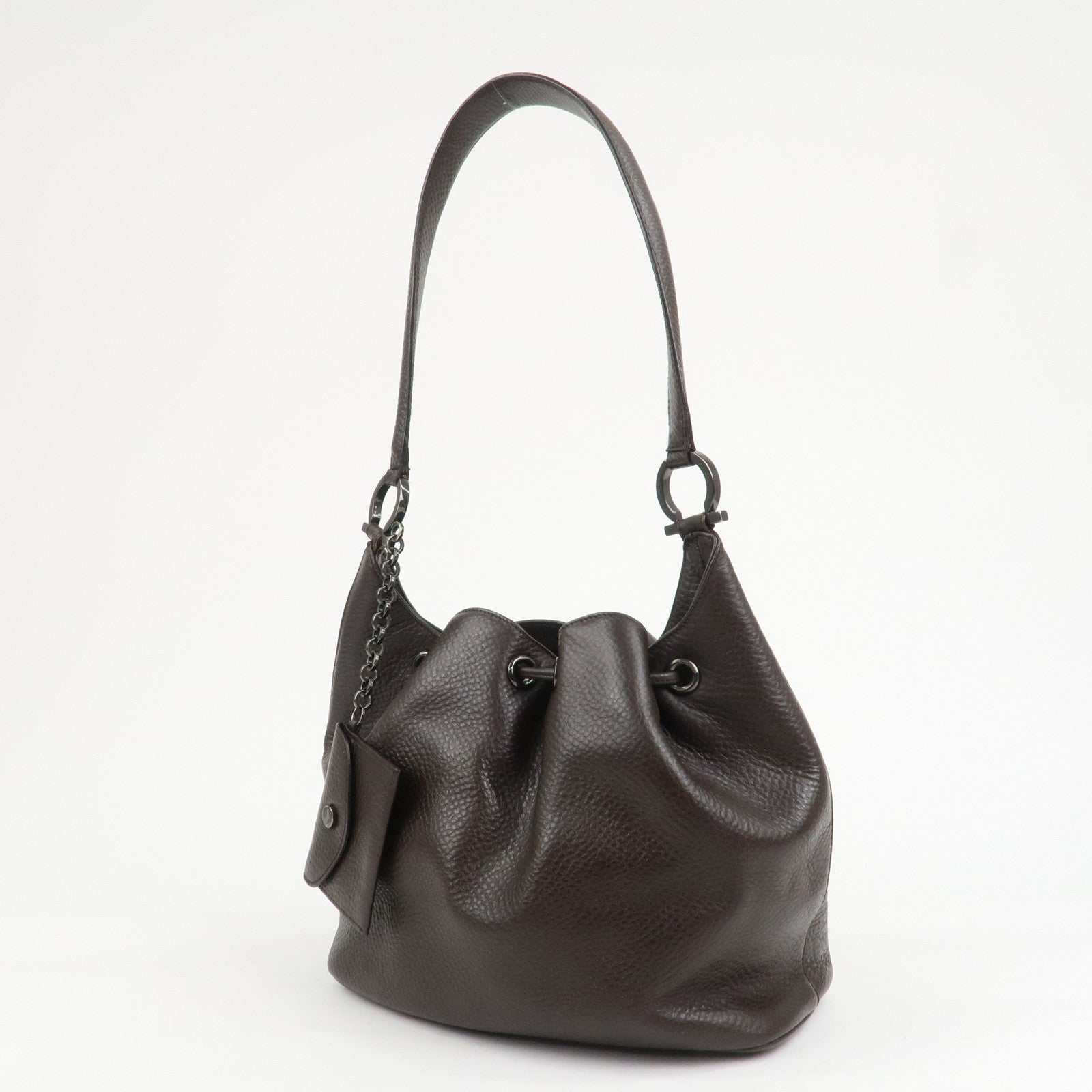 Ferragamo Gancini Leather Shoulder Bag Hand Bag Brown