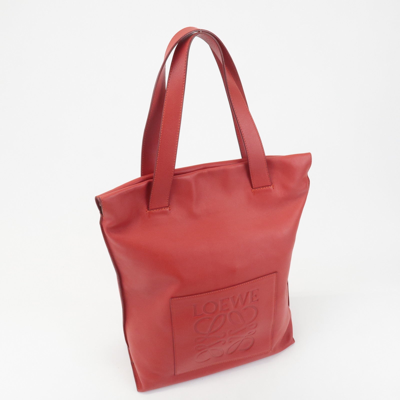 LOEWE Anagram Leather Shopper Tote Bag Shoulder Bag Red Used