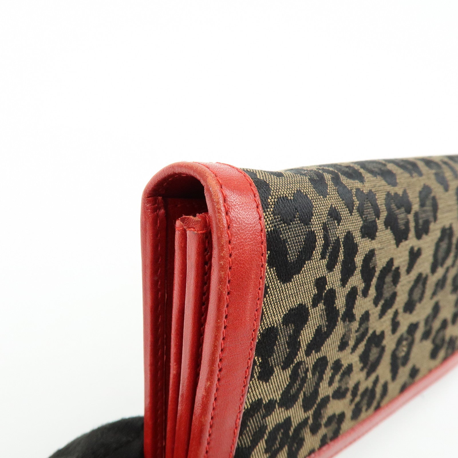 FENDI Zucca Canvas Leather Long Wallet Leopard Brown Red 30851