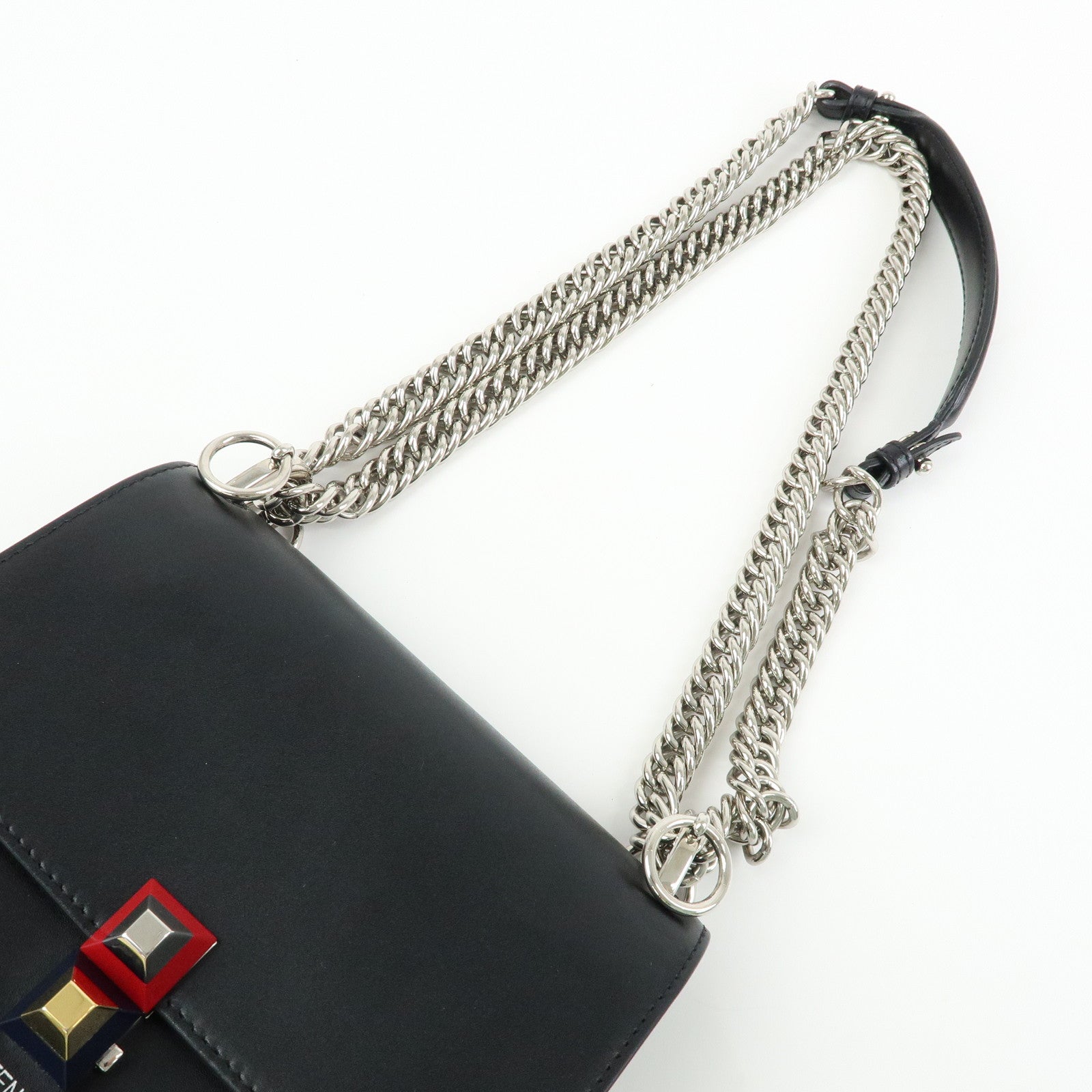 FENDI Kan I Mini Leather Chain Shoulder Crossbody Bag Black 8M0381