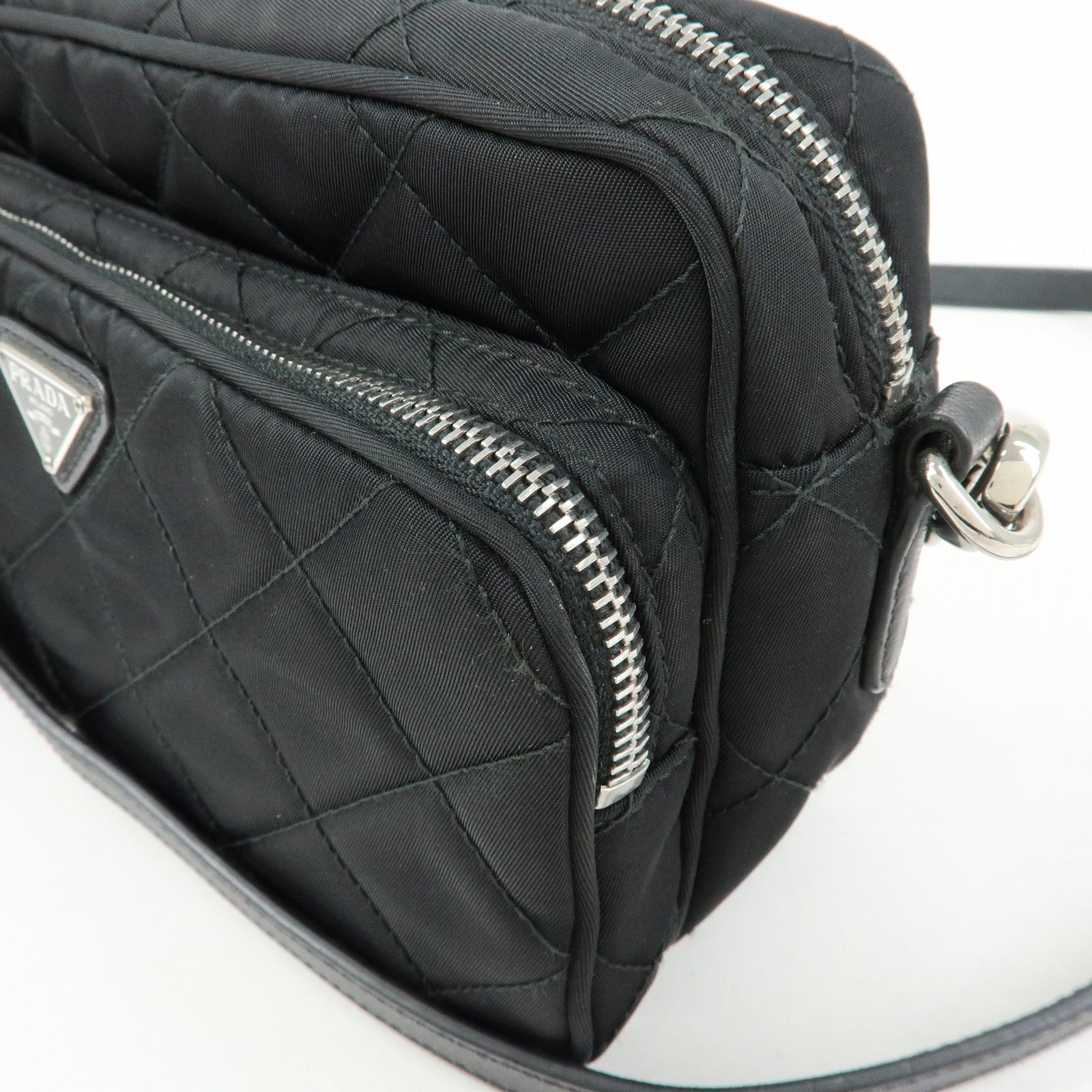 PRADA Triangle Logo Nylon Leather Quilt Shoulder Bag Black BT1027