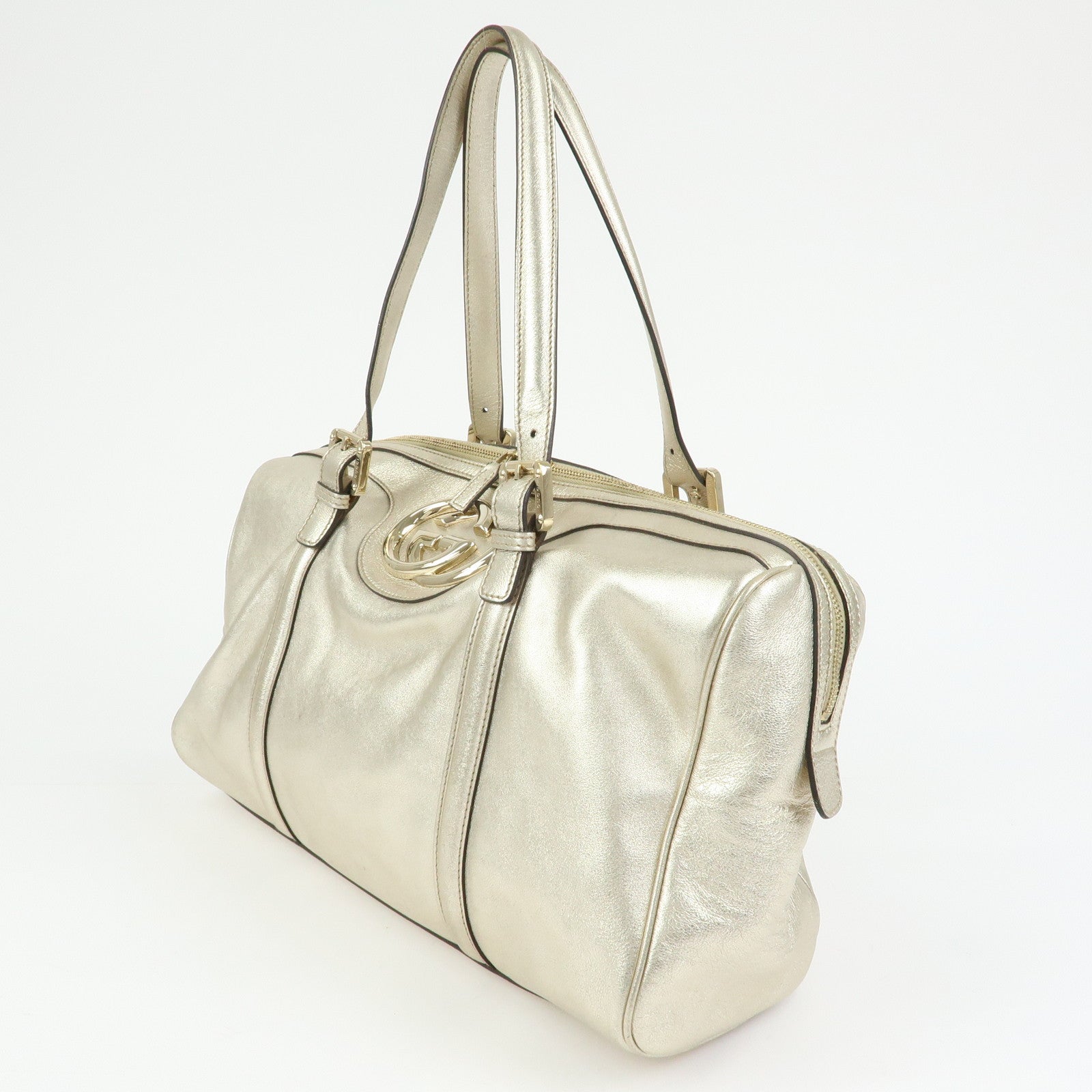 GUCCI Interlocking G Leather Boston Bag Hand Bag Gold 170010