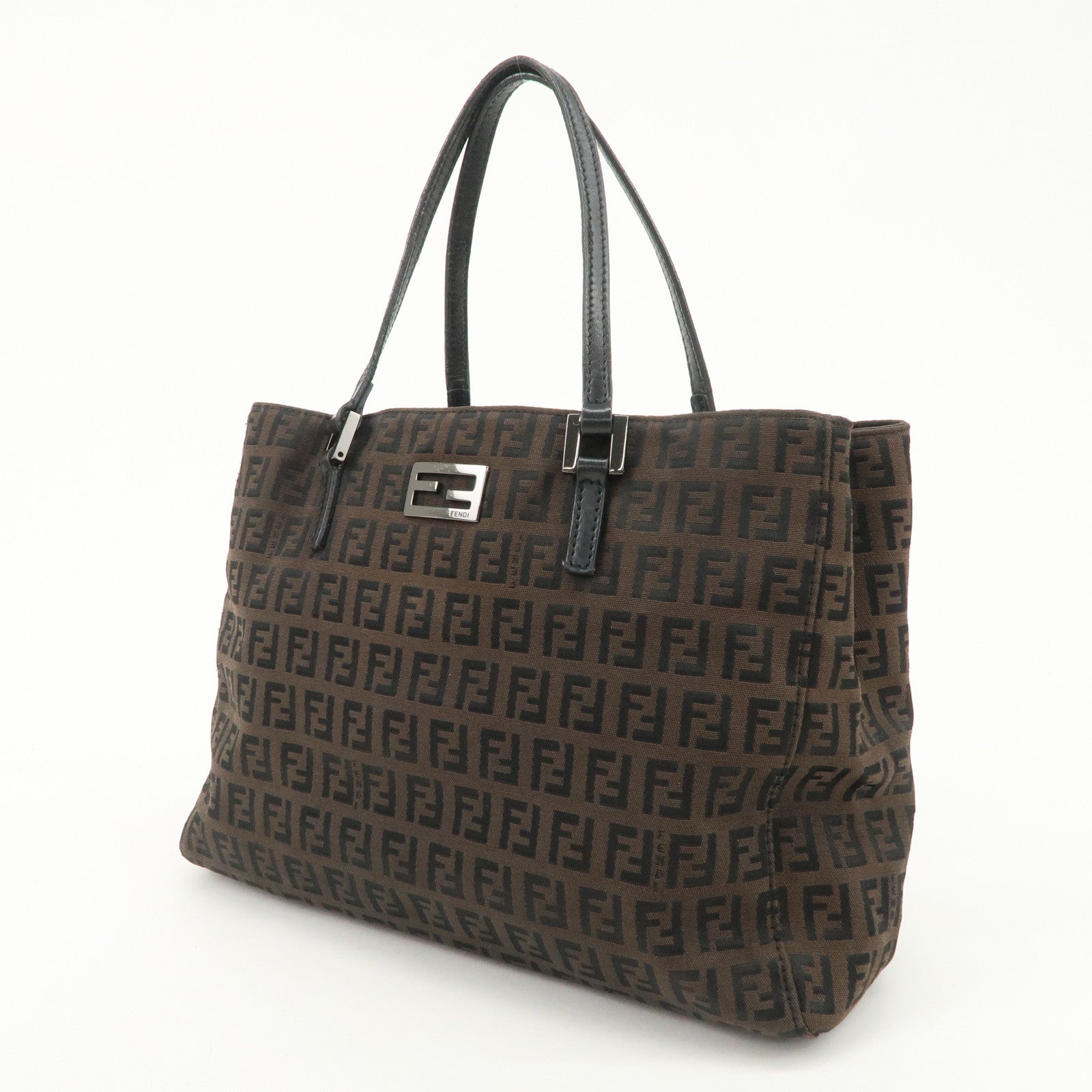 FENDI Zucchino Canvas Leather Tote Bag Hand Bag Dark Brown 8BH132