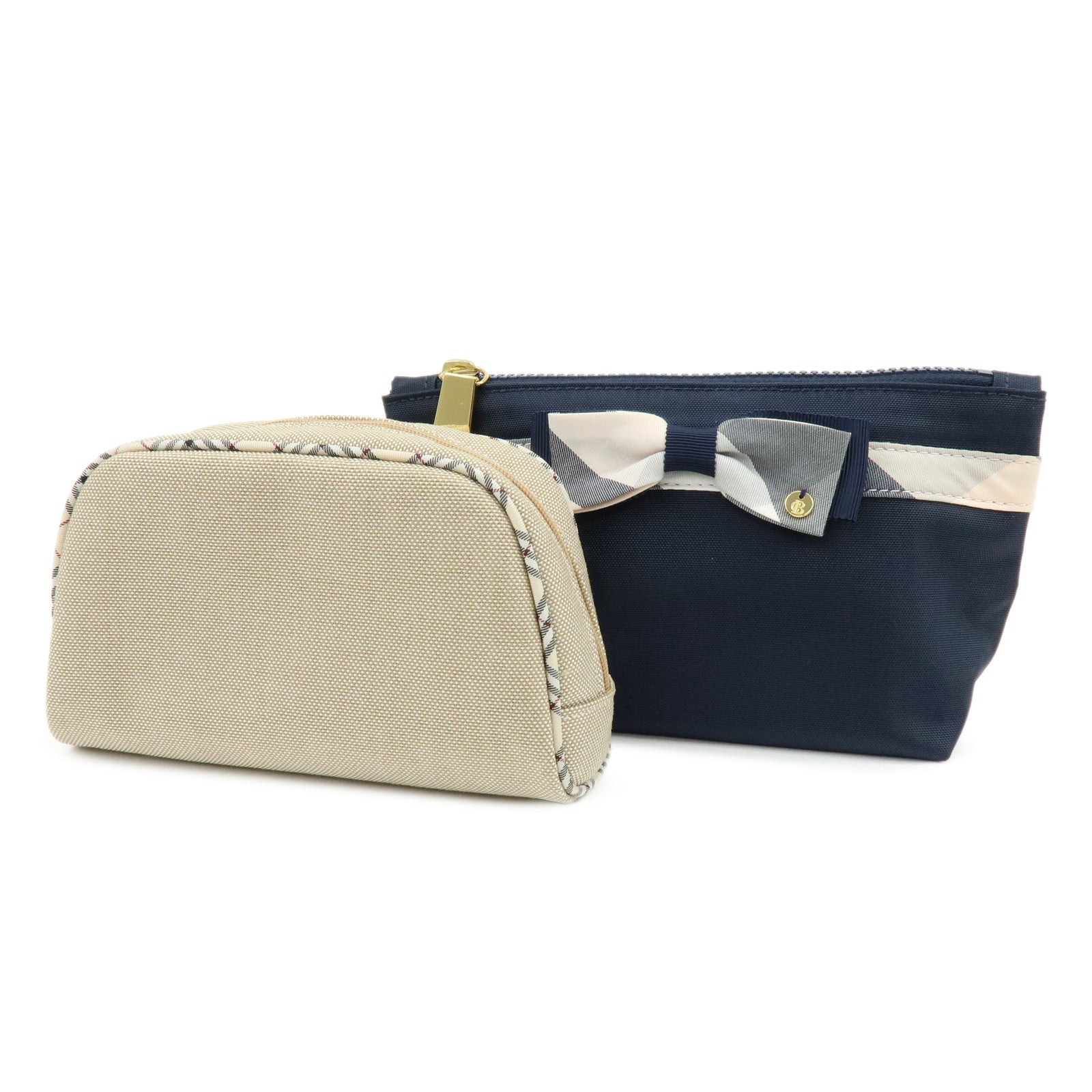 BURBERRY Set of 2 Canvas Pouch Cosmetic Case Beige Navy