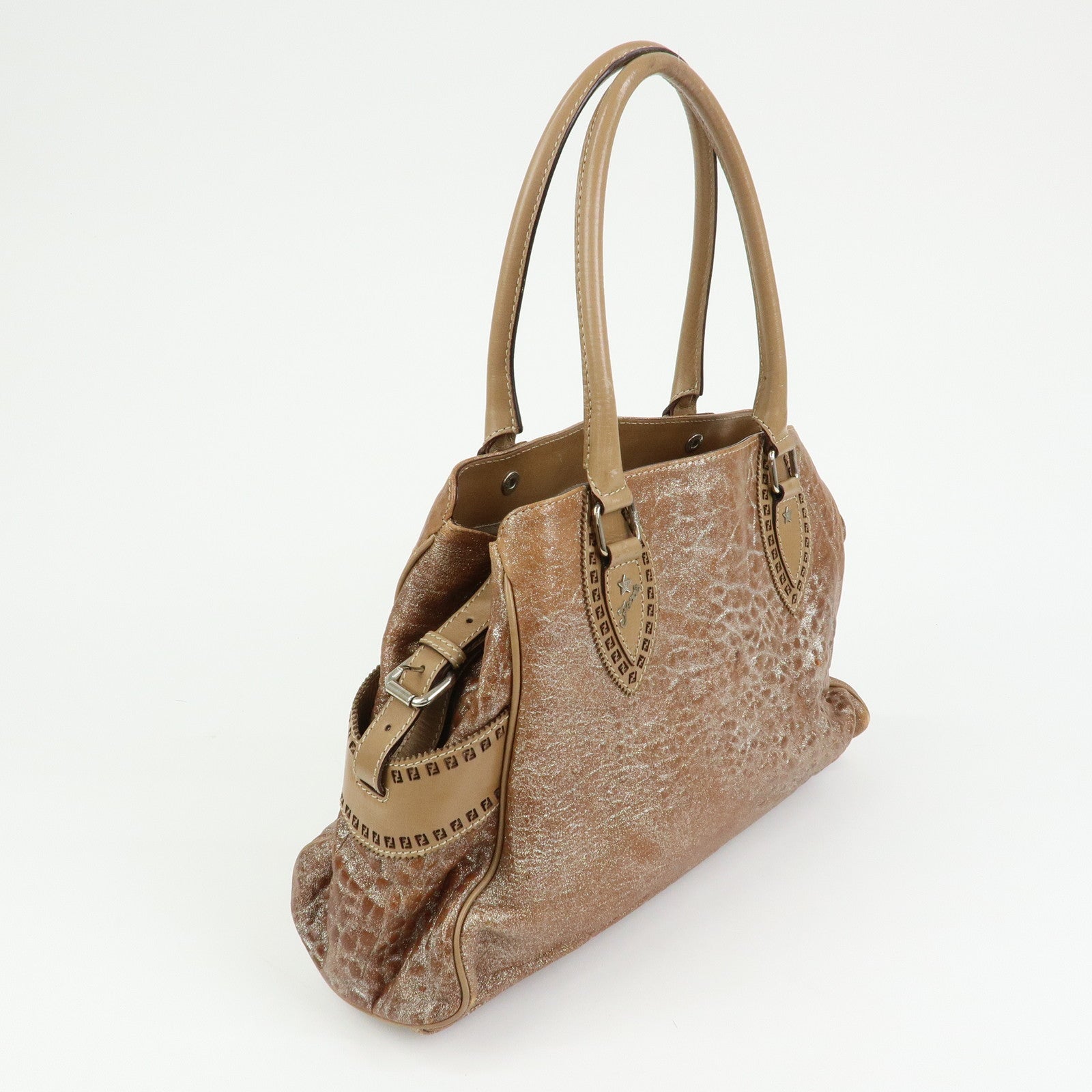 FENDI Ethnico Leather Tote Bag Shoulder Bag Camel 8BN162