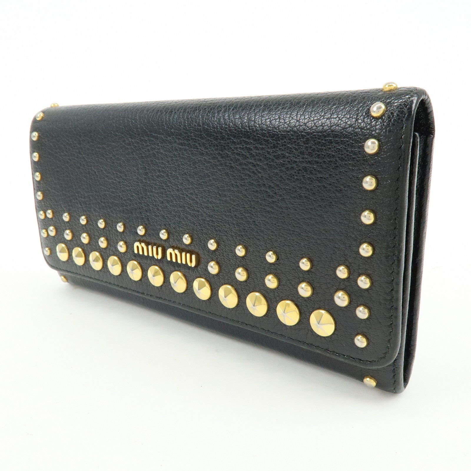 MIU MIU Logo Leather Studs Flap Long Wallet Black 5M1109