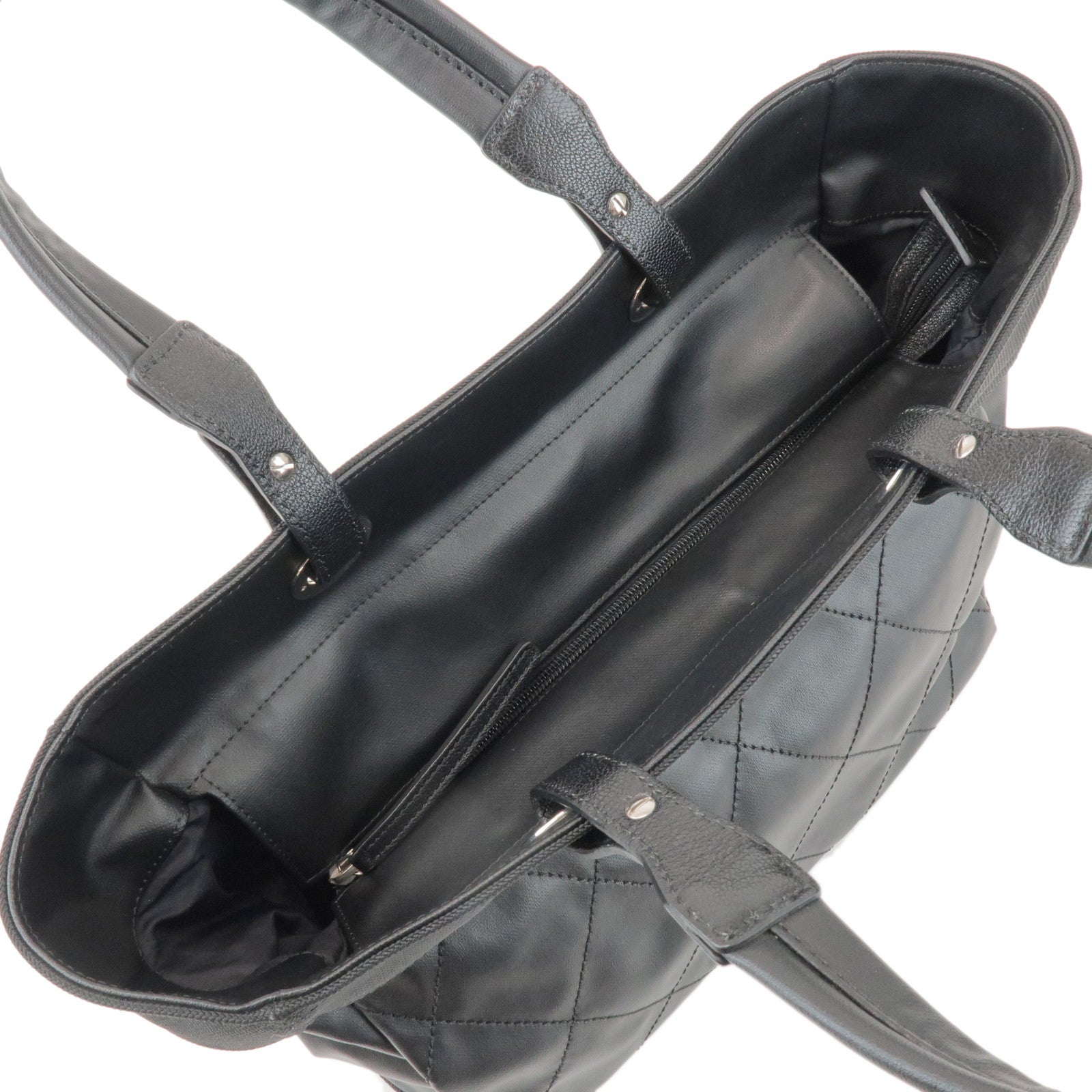 CHANEL Paris Biarritz MM Leather Canvas Tote Bag Black A34209