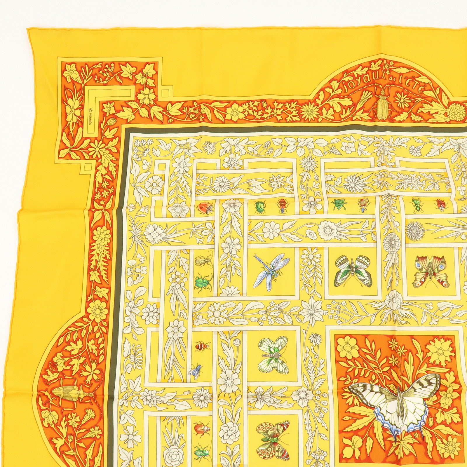 HERMES Carre 90 Silk 100% Joyaux de lete Scarf Yellow Red