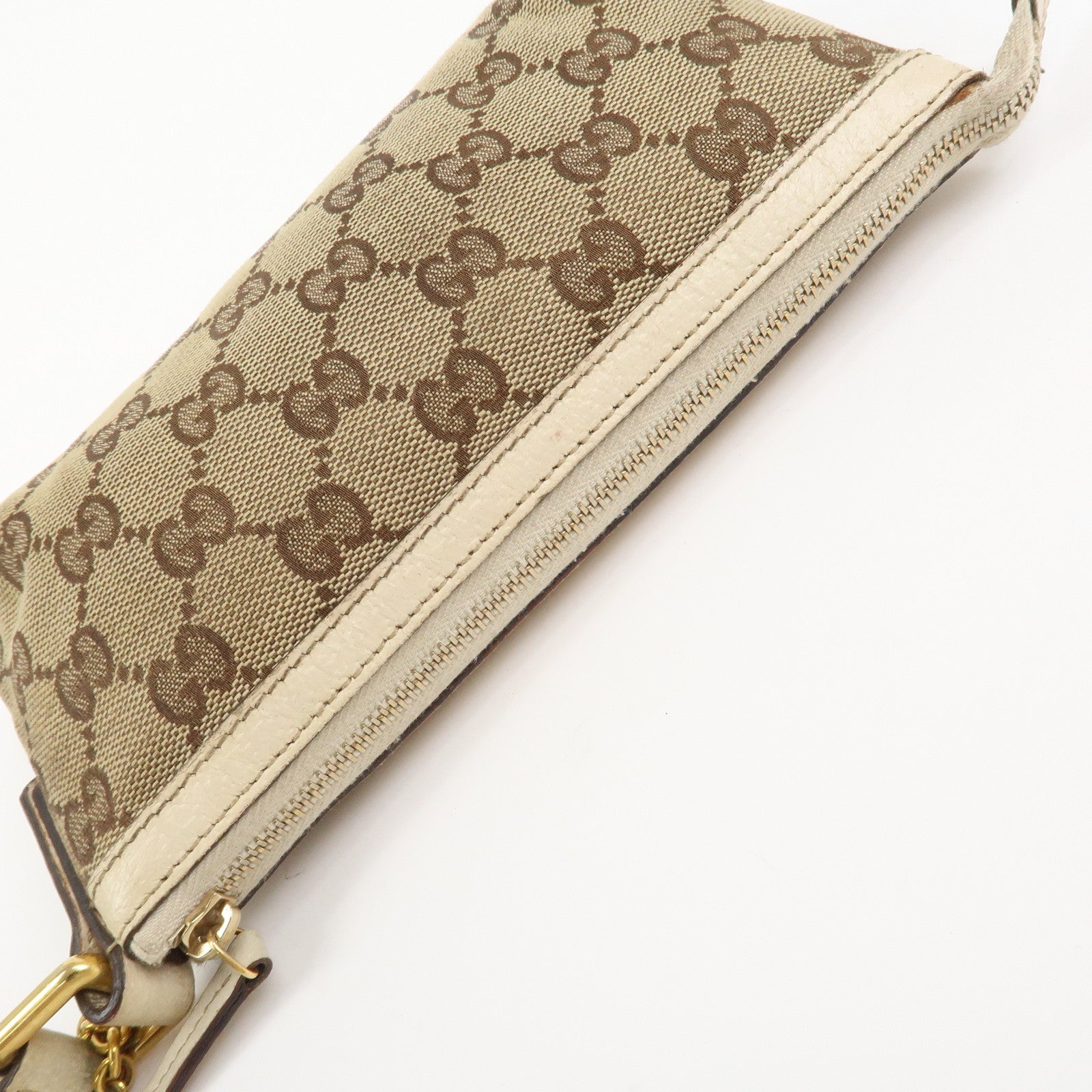 GUCCI Bamboo GG Canvas Leather Cosmetic Pouch Clutch Beige 159913