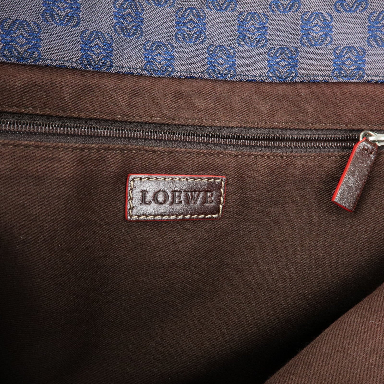 LOEWE Repeat Anagram Canvas Leather Tote Bag Hand Bag Blue Brown