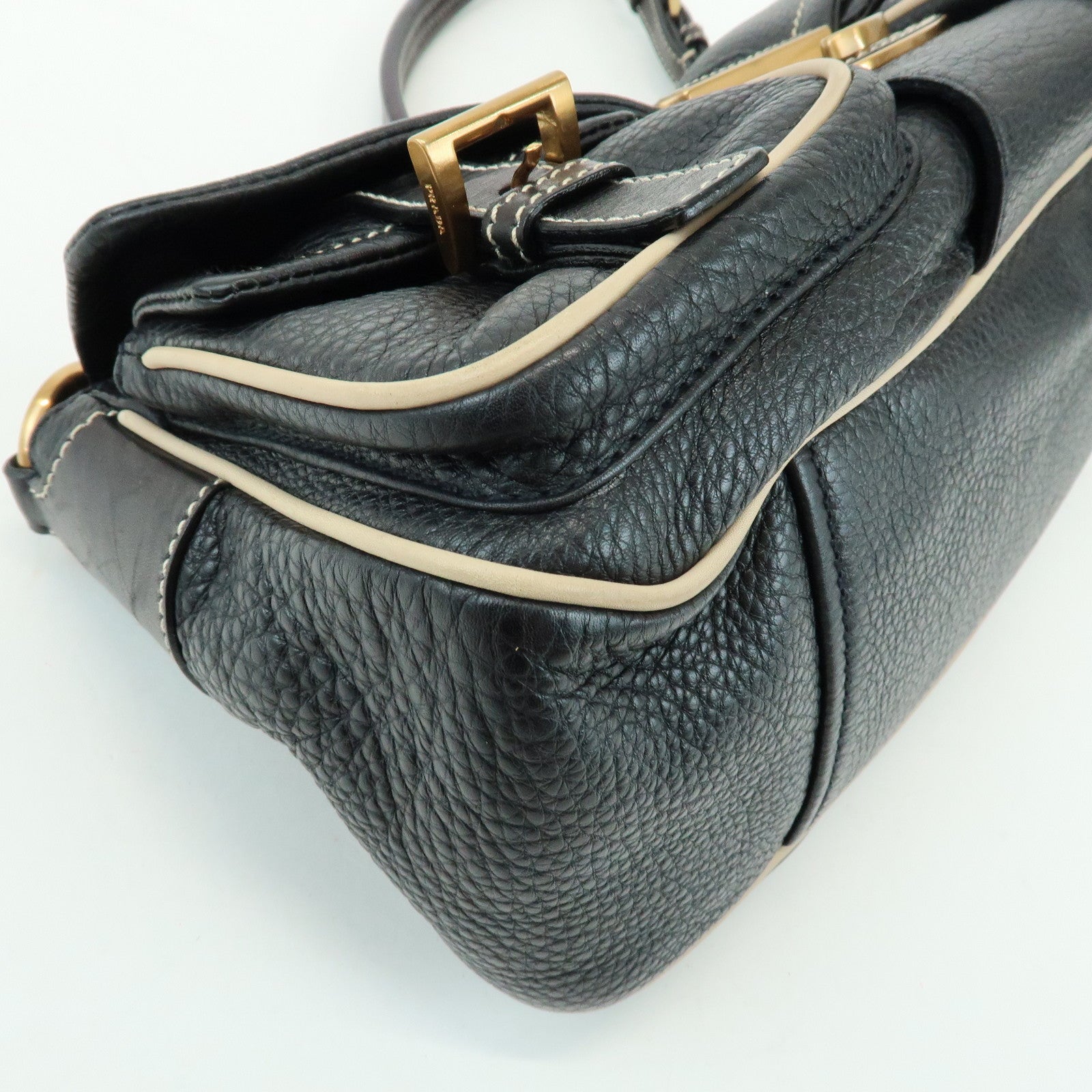 PRADA Logo Leather Stitch Shoulder Bag Hand Bag Black