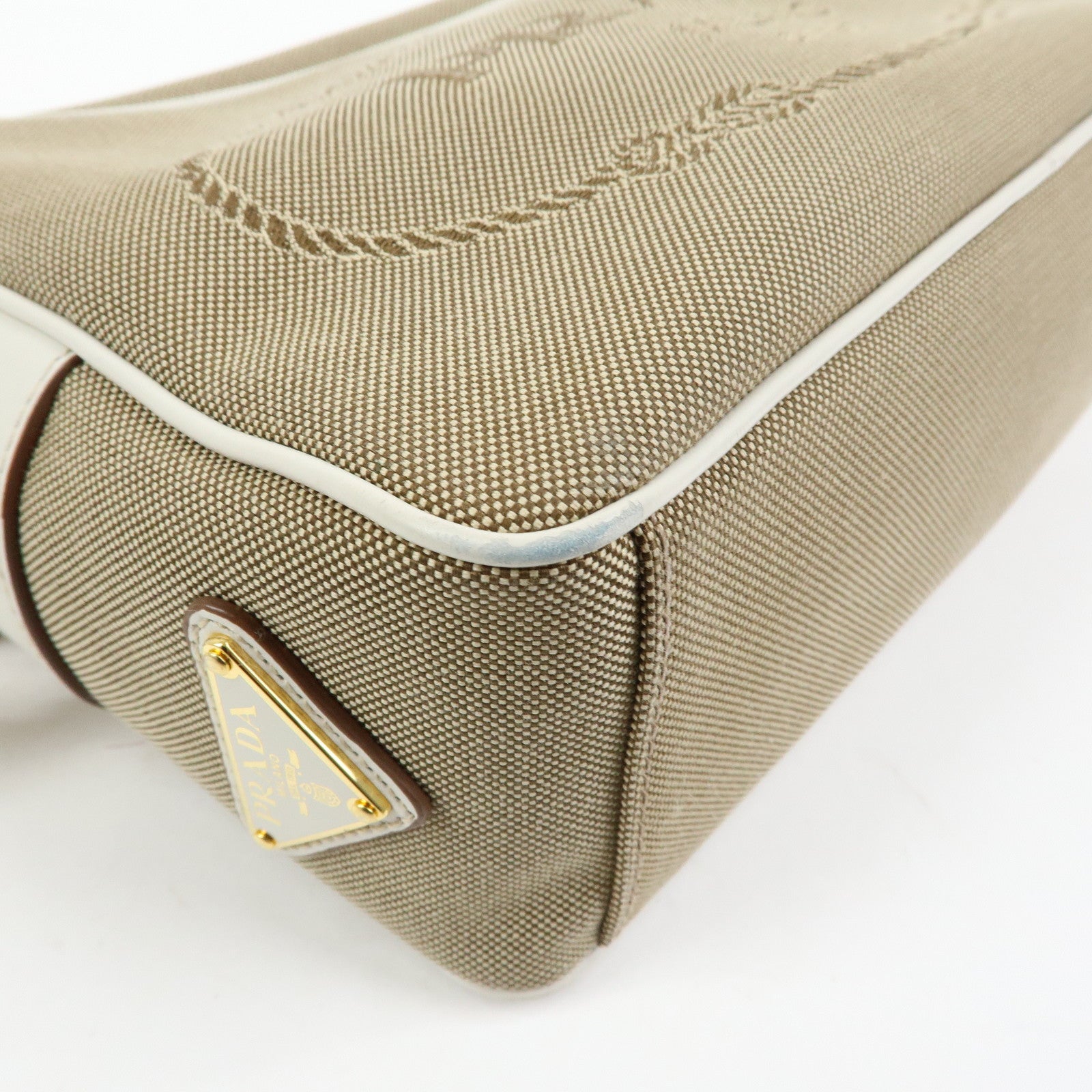 PRADA Logo Jacquard Leather Shoulder Bag Beige White 1BH089