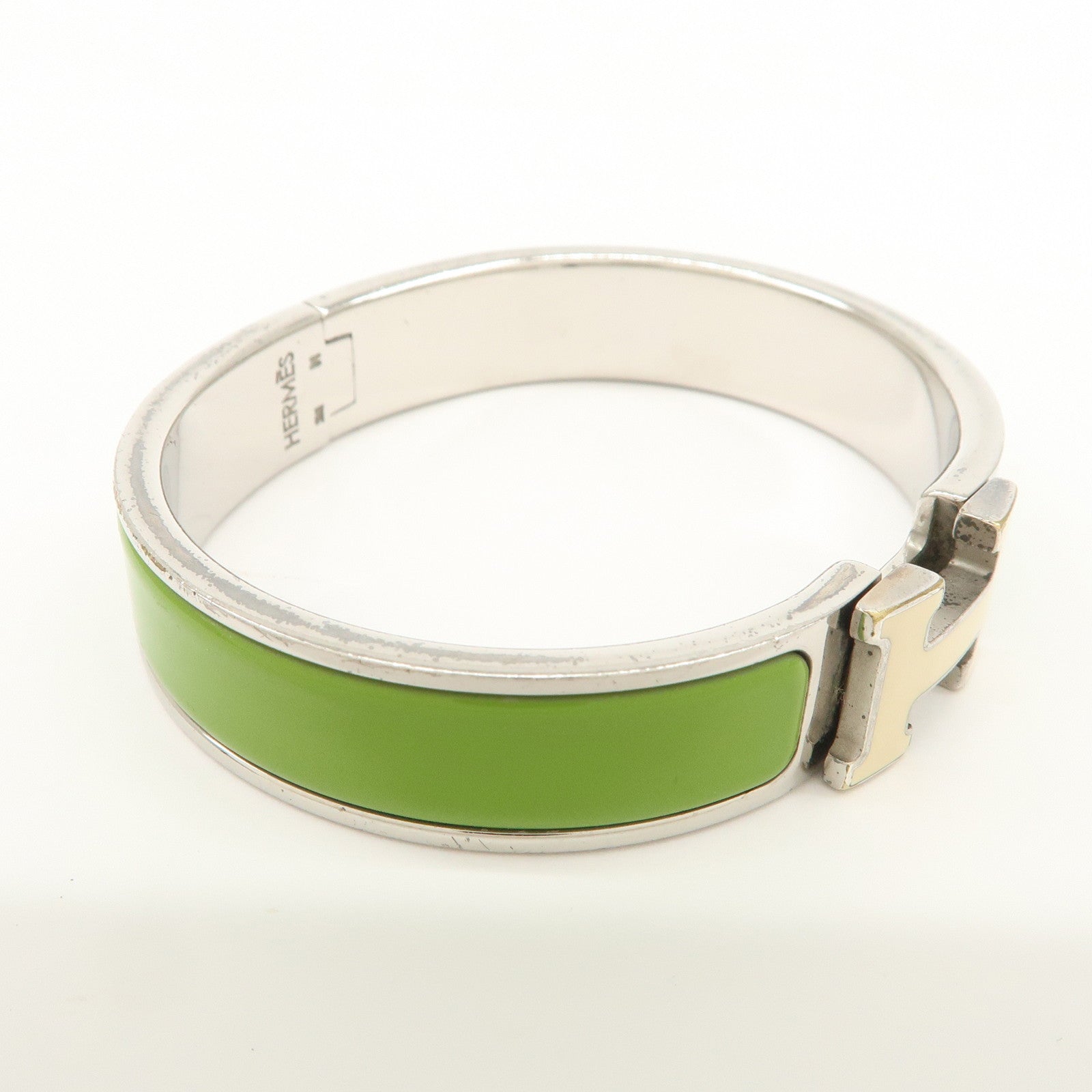 HERMES Clic Clac PM Metal Bracelet Bangle Green Ivory