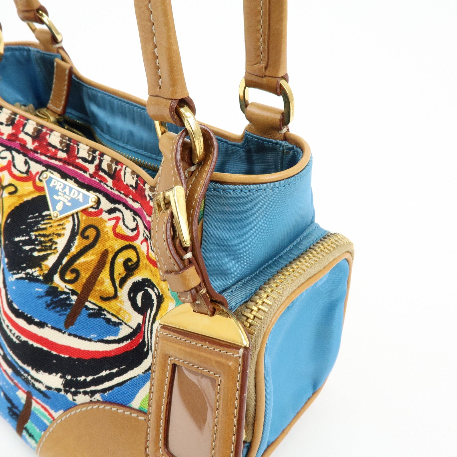 PRADA Triangle Logo Canvas Leather Hand Bag Light Brown Blue