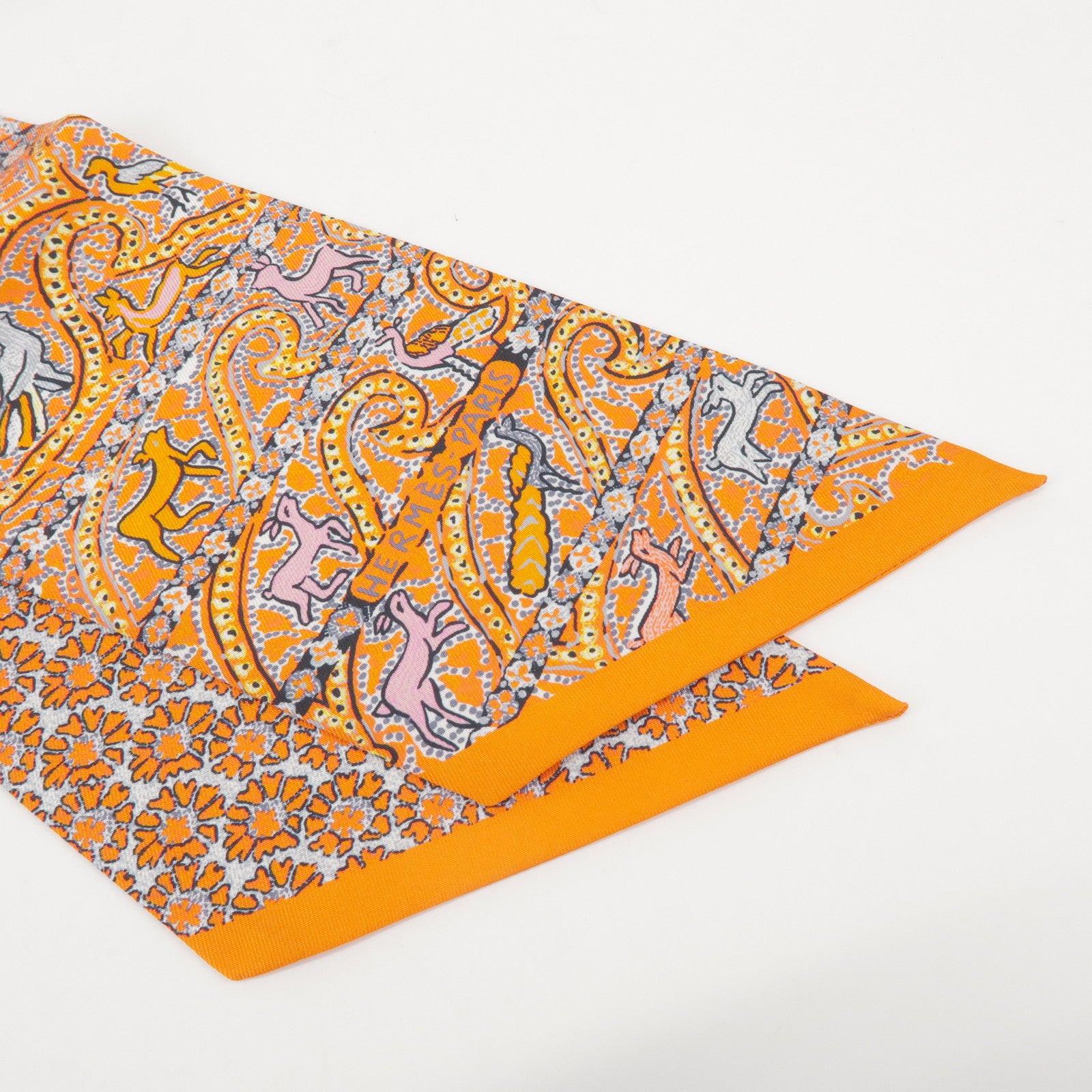 HERMES Maxi Twilly Silk 100% Scarf Animal Motif  Orange
