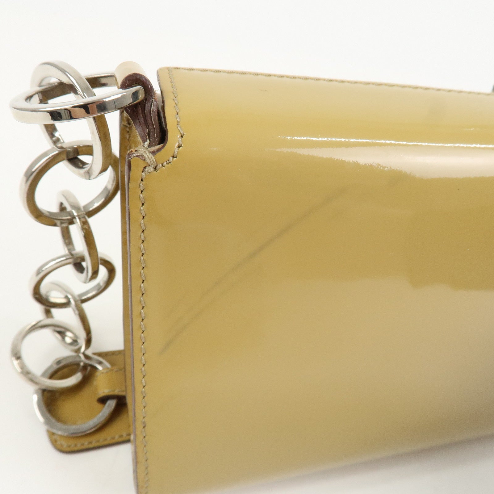 Ferragamo Gancini Patent Leather Chain Shoulder Bag Hand Bag Beige