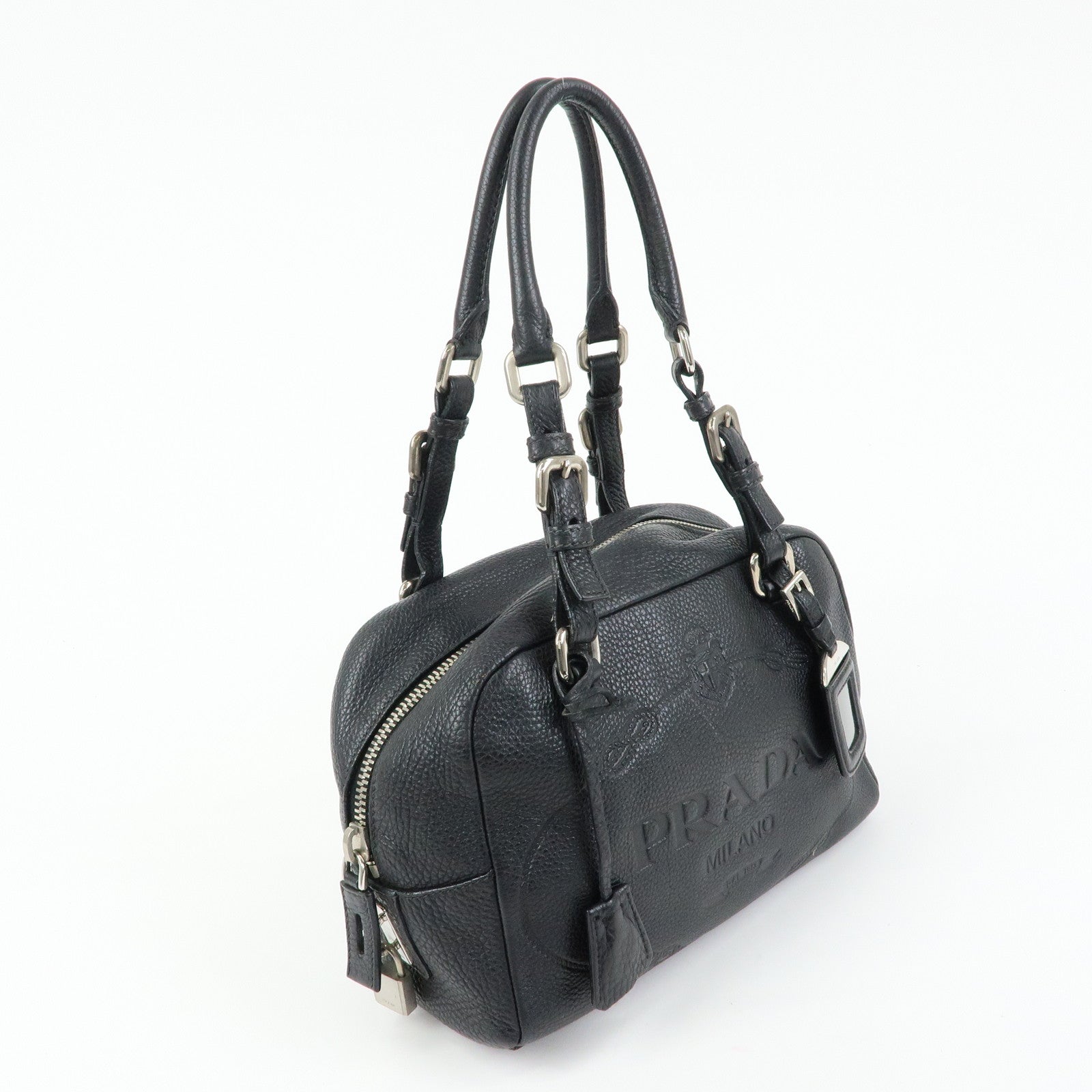 PRADA Logo Leather Shoulder Bag Mini Boston Bag Black