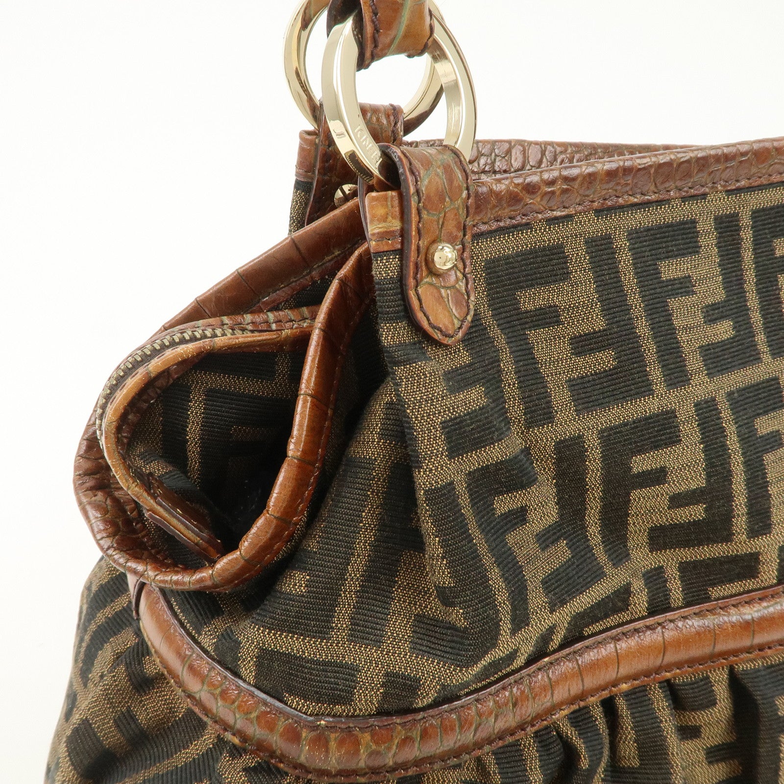 FENDI Zucca Gathered Canvas Leather Shoulder Bag Tote Bag 8BH186