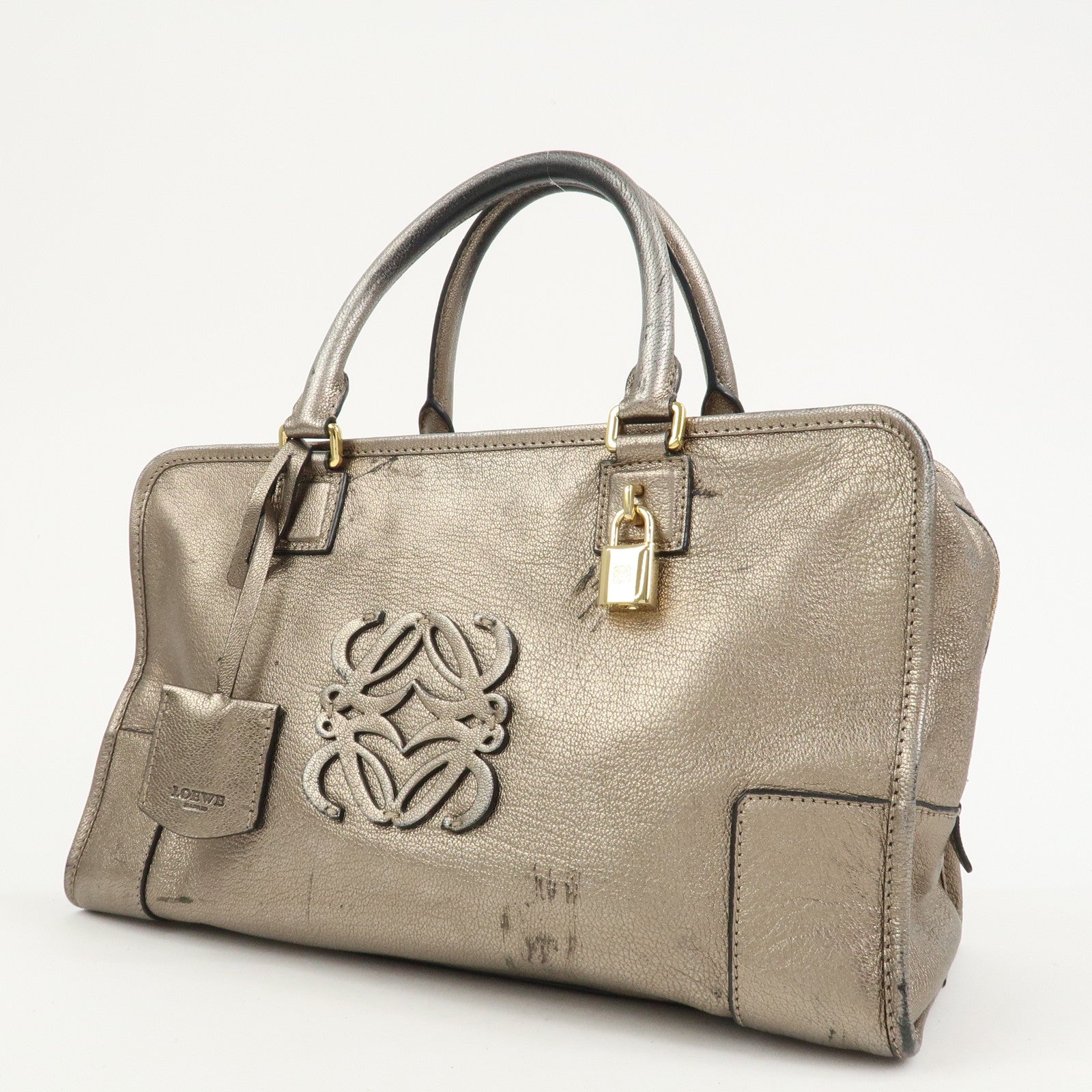 LOEWE Anagram Leather Amazona 36 Hand Bag Boston Bag Silver Grey
