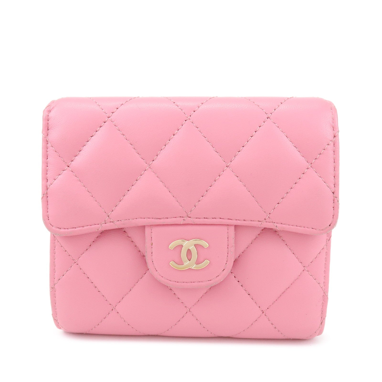 CHANEL Matelasse Lamb Skin Small Tri-Fold Wallet Pink AP0231