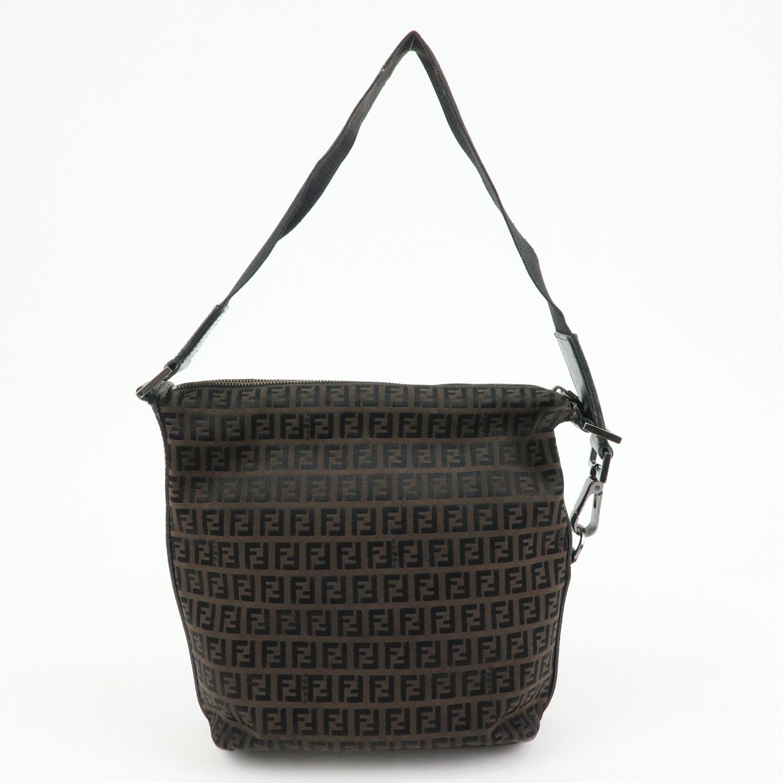 FENDI Zucchino Canvas Leather Shoulder Bag Brown Black 7VA004