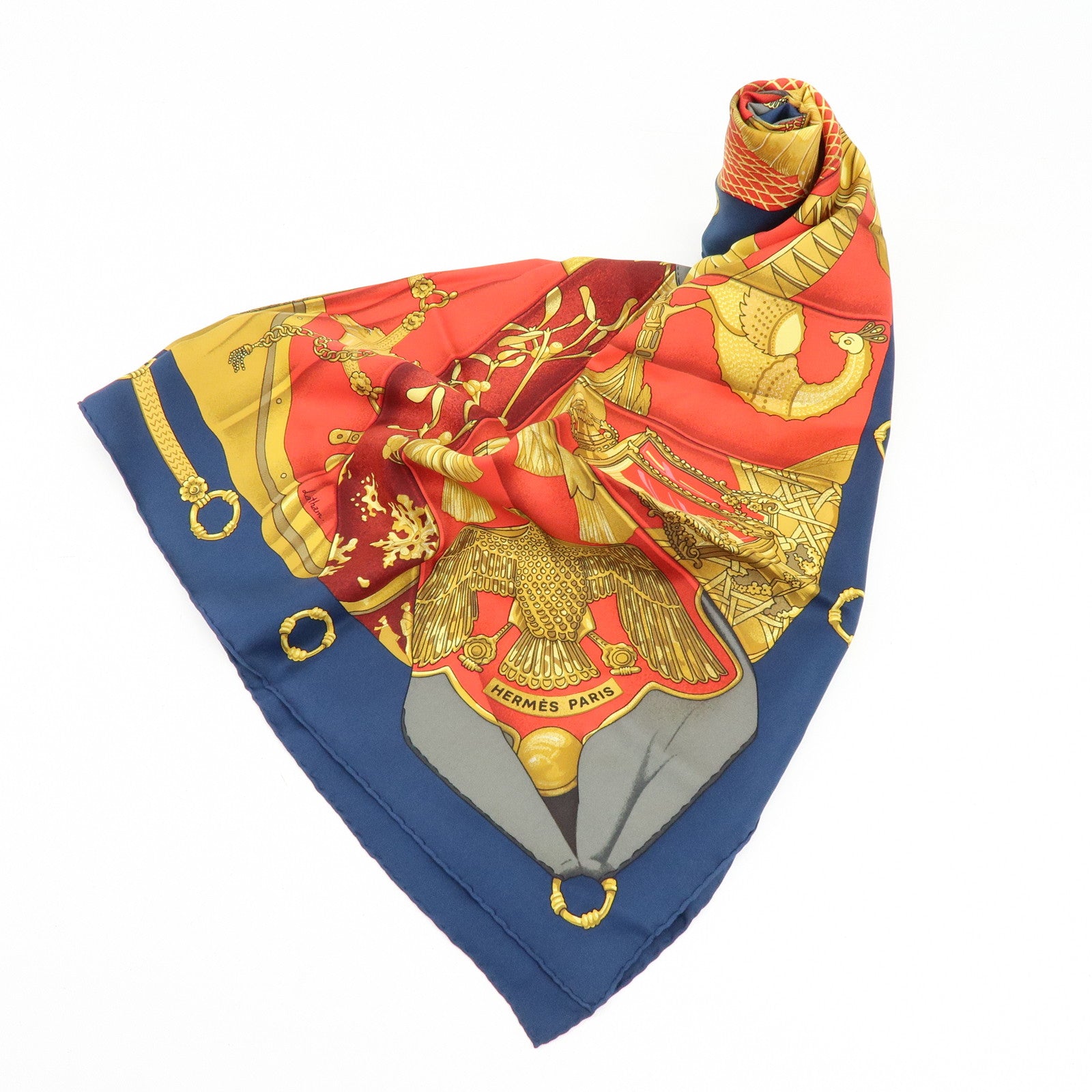 HERMES Carre 90 Silk 100% Soleil de Soie Scarf Gold Red Navy