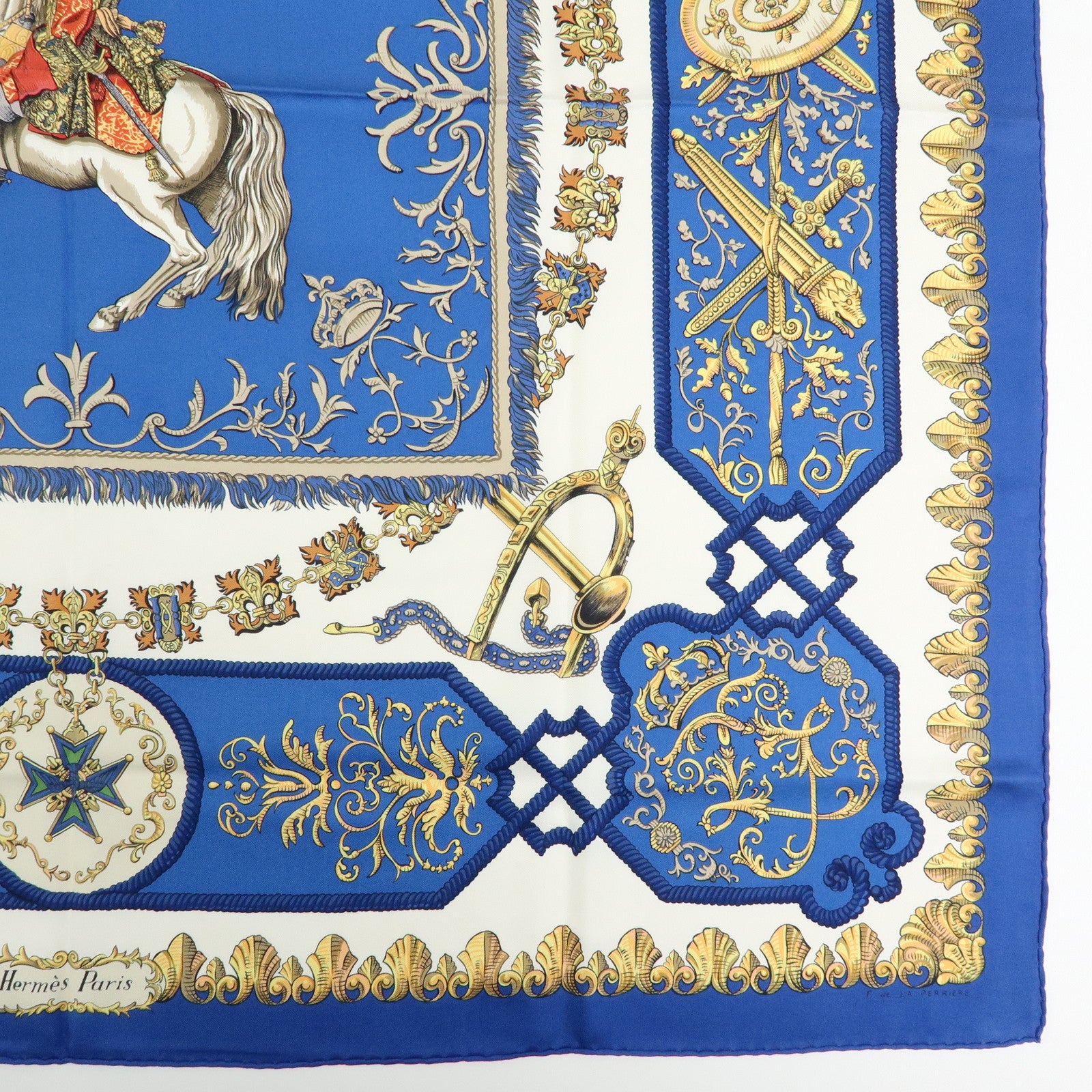 HERMES Carre 90 Silk 100% LVDOVICVS MAGNVS Scarf Blue Gold