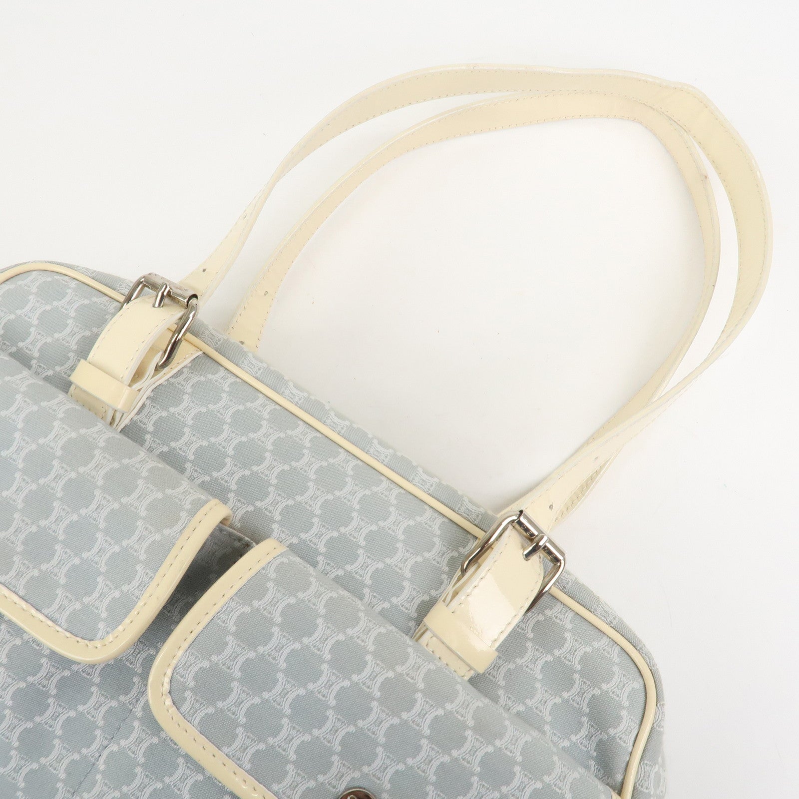 CELINE Macadam Canvas Leather Shoulder Bag Hand Bag Blue Ivory