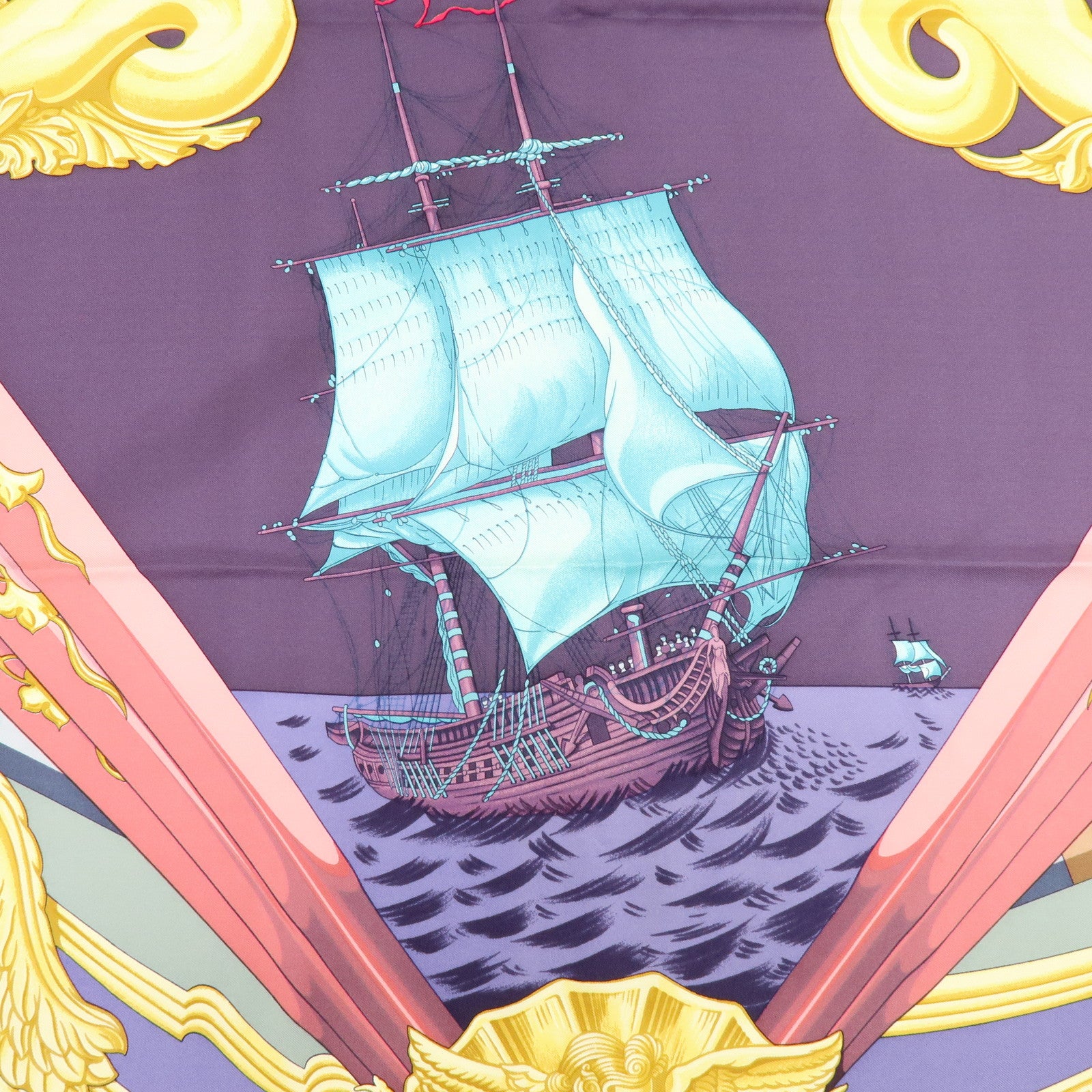 HERMES Carre 90 Silk 100% Scarf Lephyr Sailingship Purple Pink
