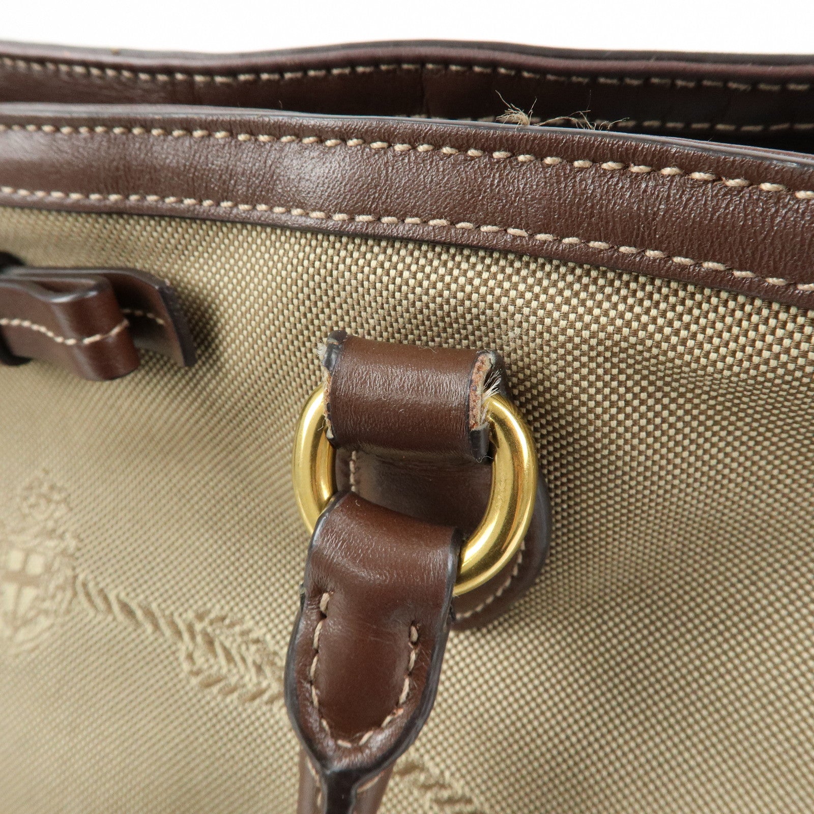 PRADA Triangle Logo Jacquard Leather Tote Bag Beige Brown 1BG158