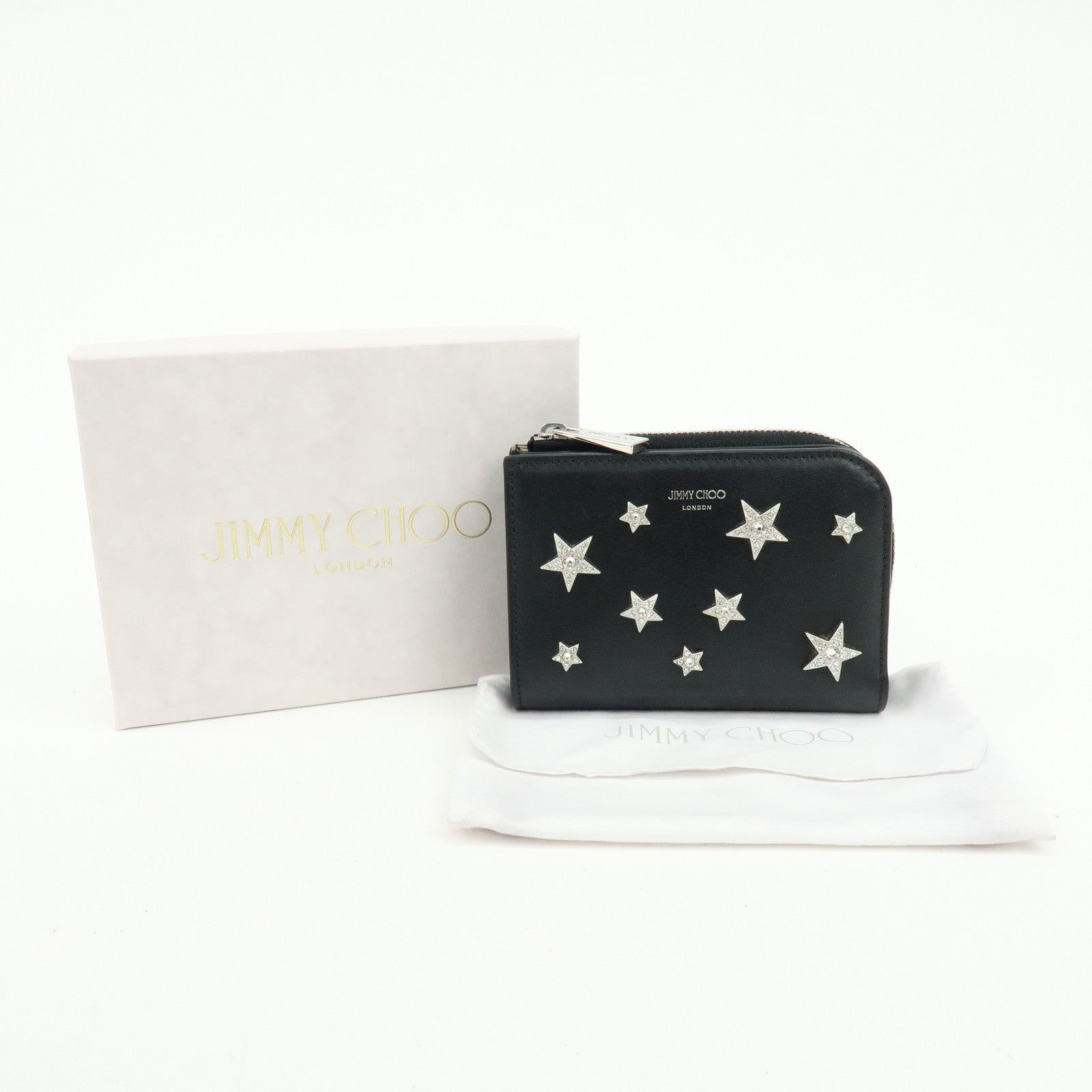 JIMMY CHOO Leather Compact  Zippy Wallet Star Studs Black