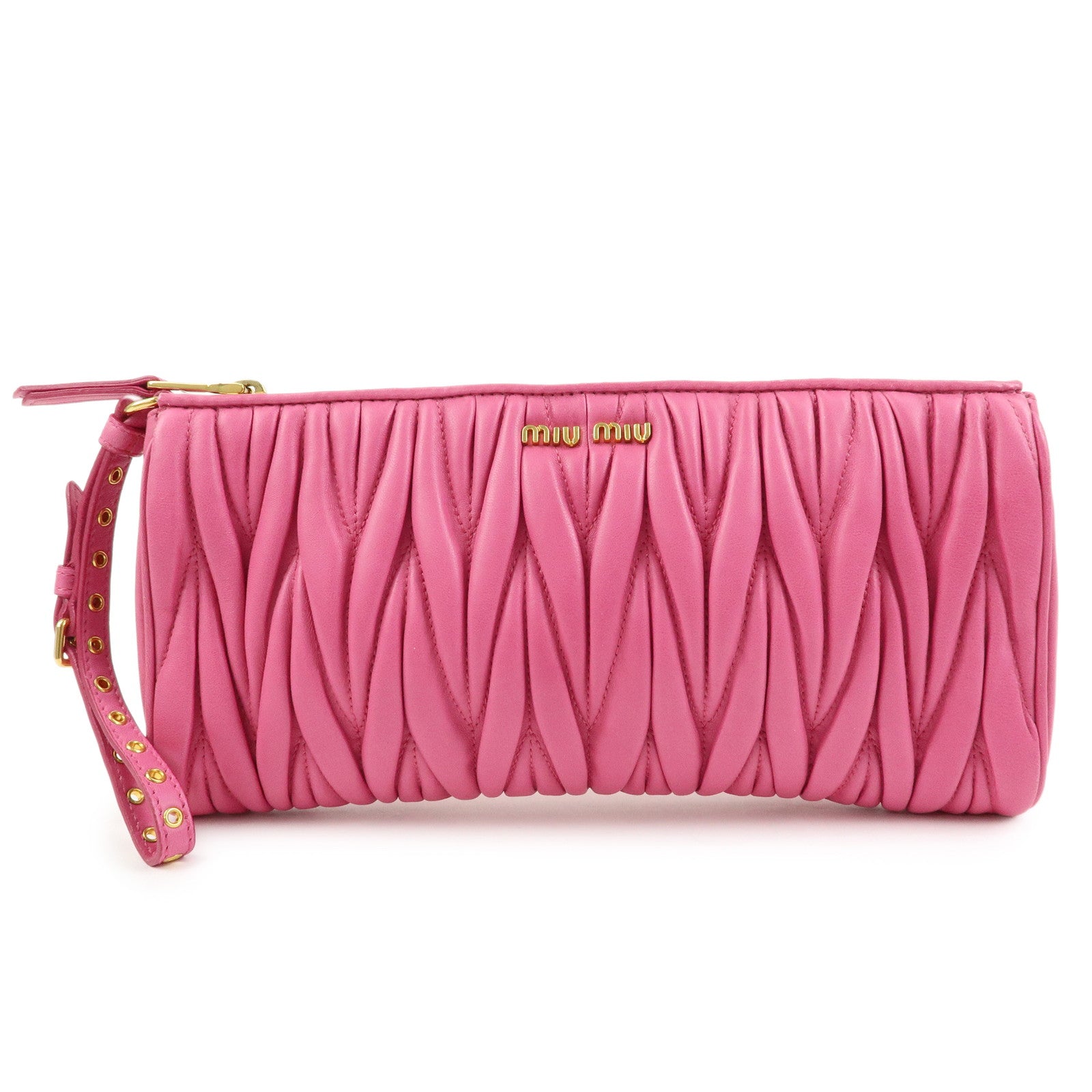 MIU MIU Matelasse Nappa Leather Clutch Bag Wristlet Bag Pink 5N1455