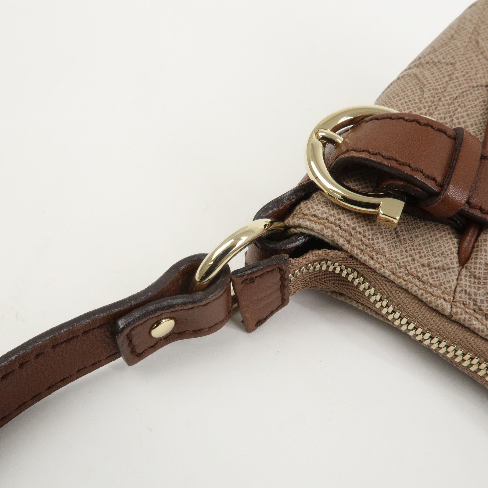 Ferragamo Gancini PVC Canvas Leather Shoulder Bag Hand Bag Brown