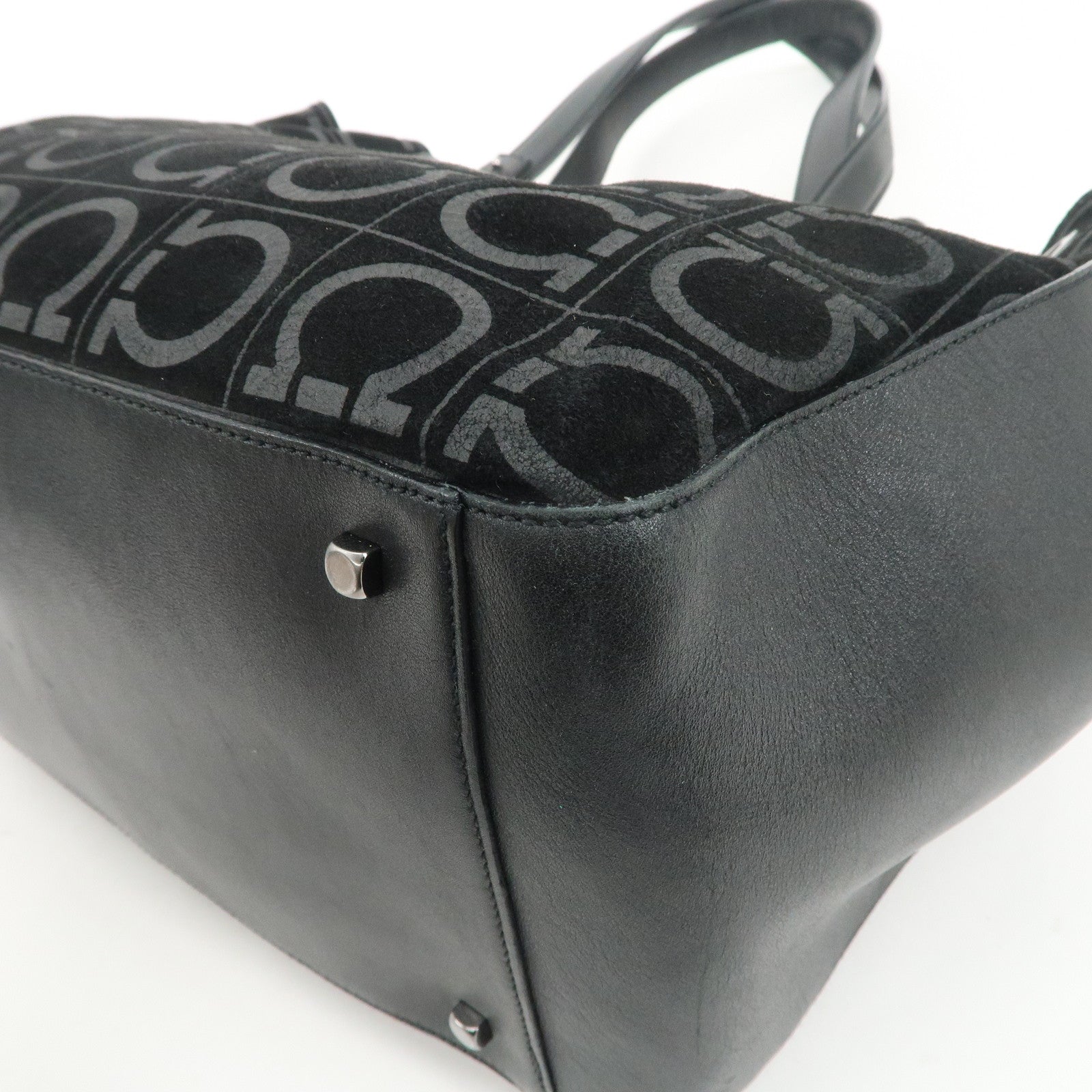 Ferragamo Gancini Leather Suede Shoulder Bag Hand Bag Black