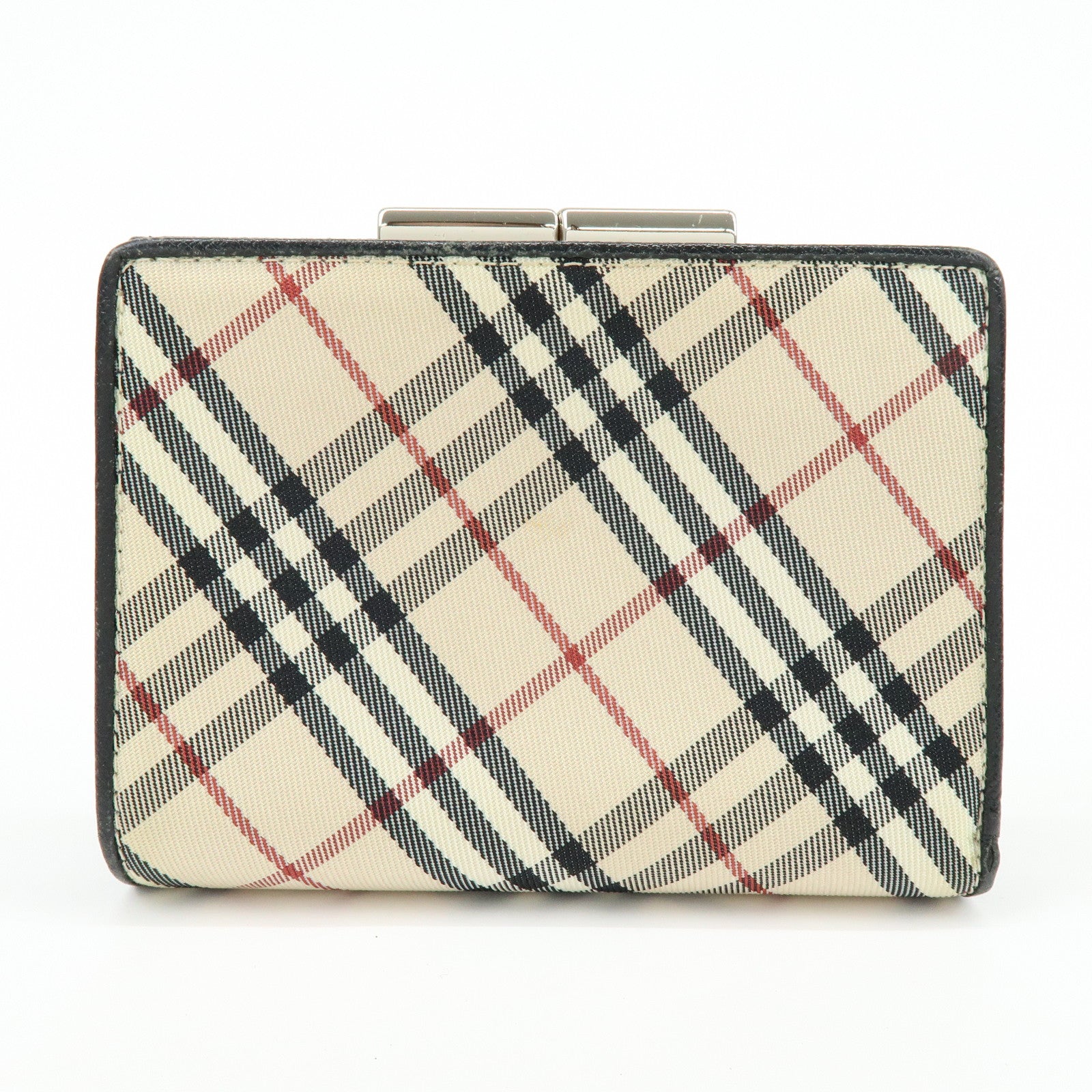 BURBERRY Nova Plaid Canvas Leather Compact Wallet Black Beige