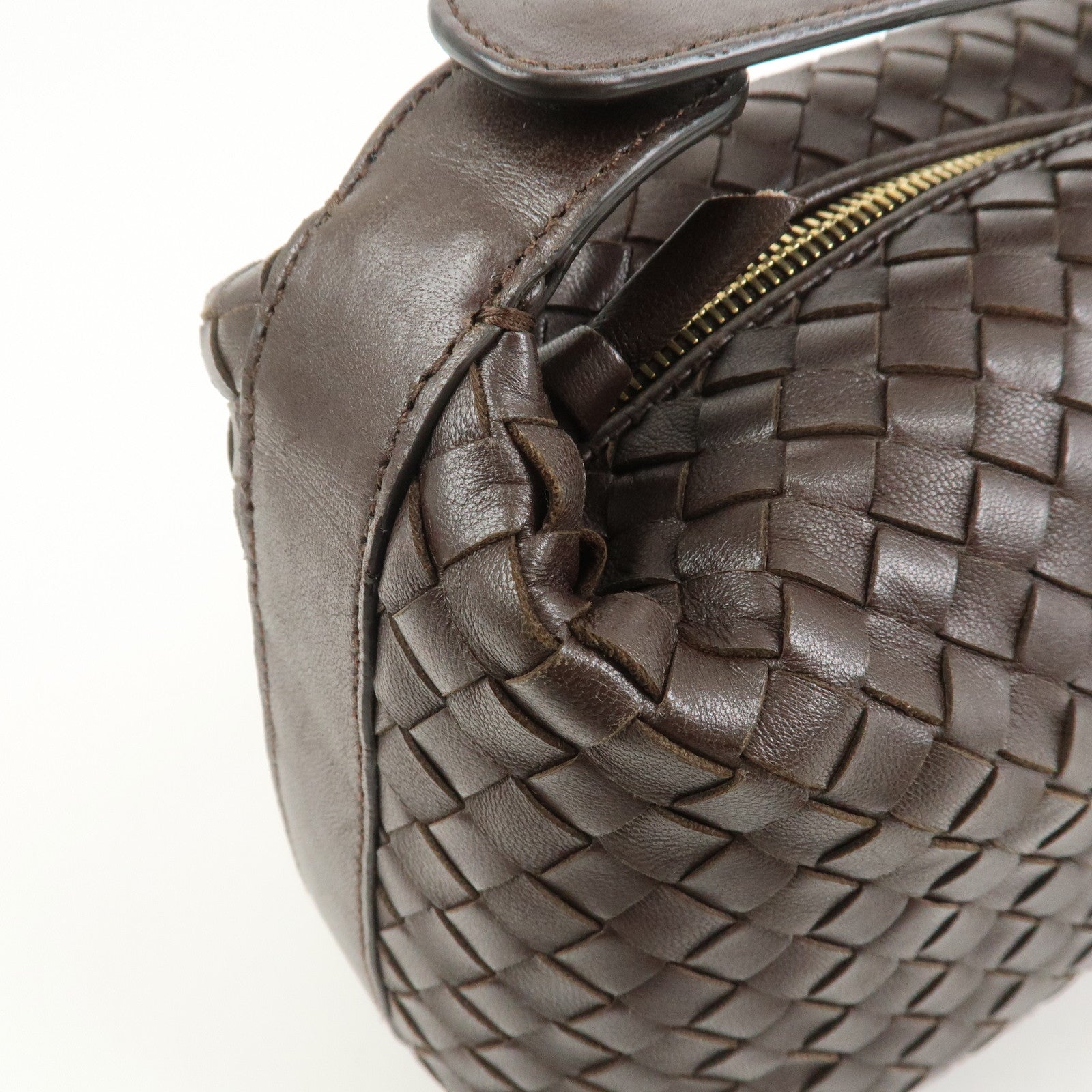 BOTTEGA VENETA Intrecciato Lamb Skin Hand Bag Boston Bag Dark Brown