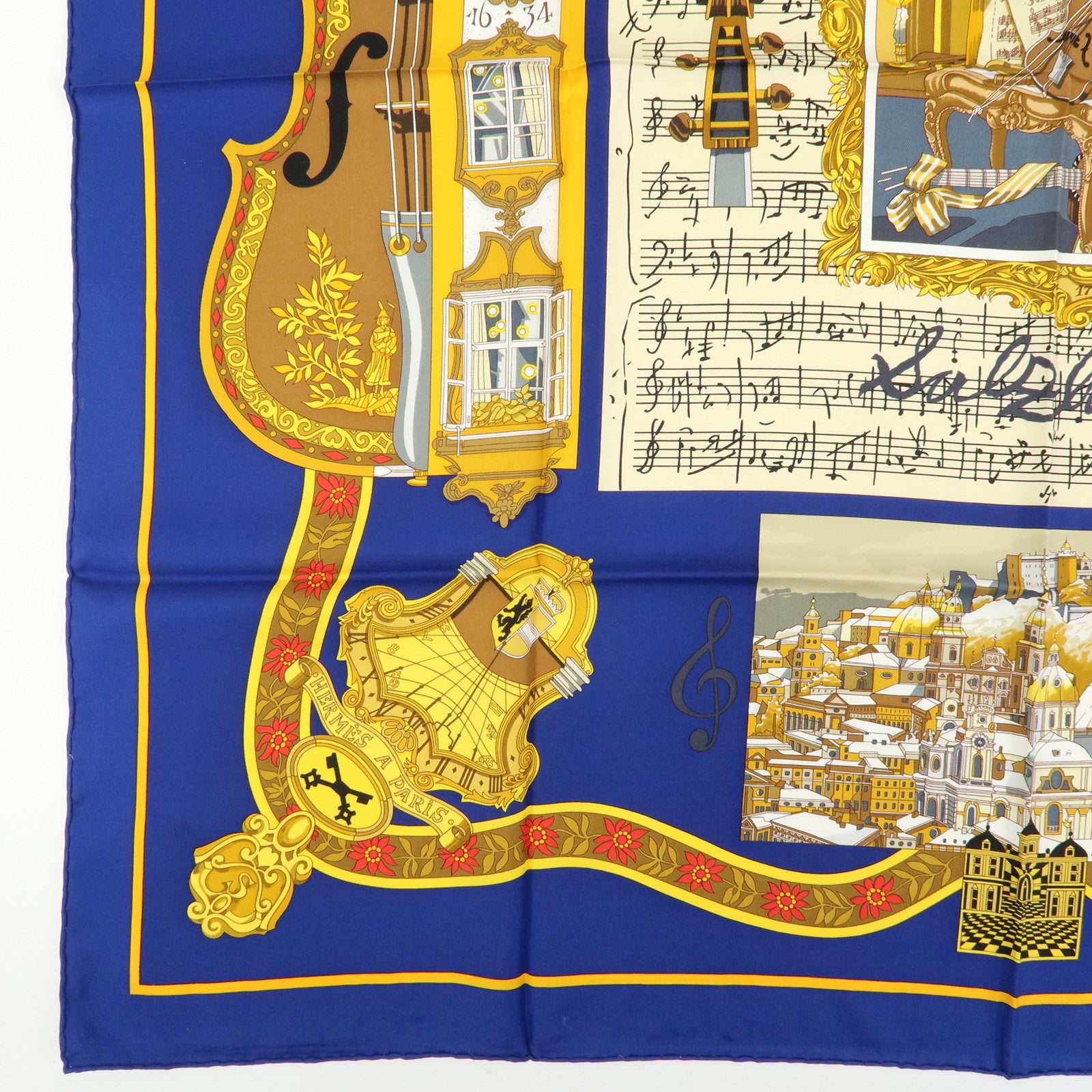 HERMES Carre 90 Silk 100% Scarf IN SALZBURG Blue Gold