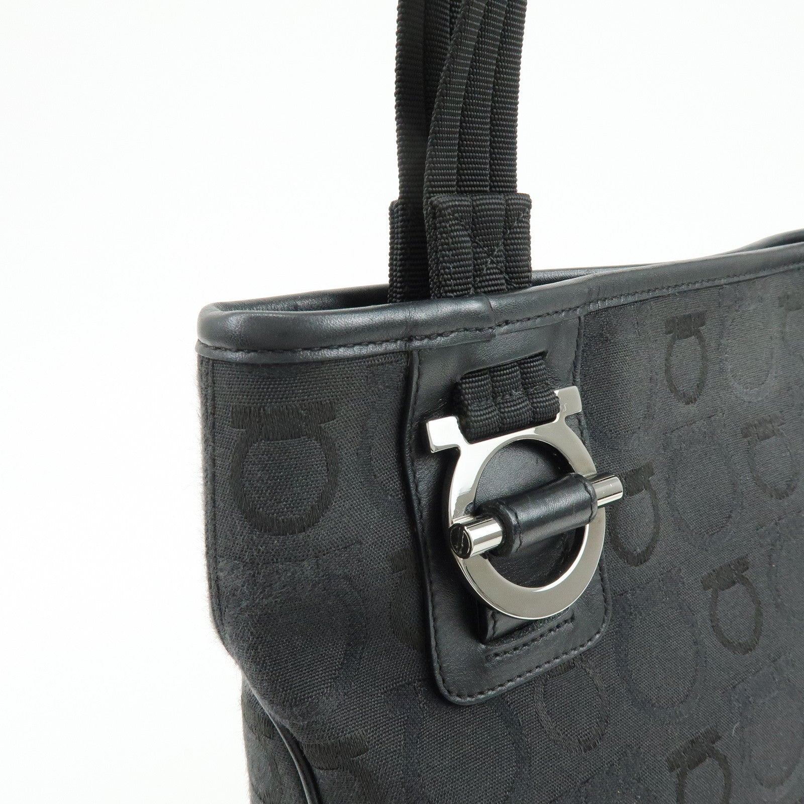Ferragamo Gancini Canvas Leather Tote Bag Shoulder Bag Black