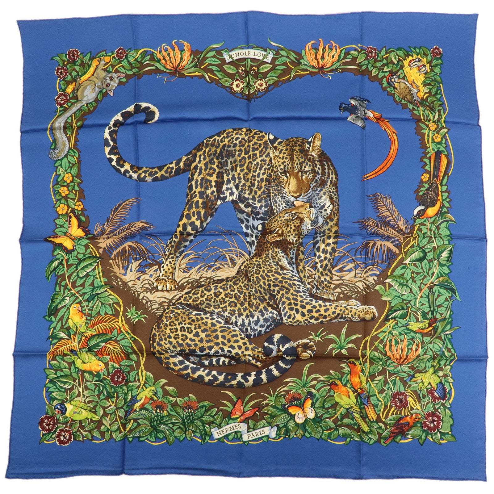 HERMES Carre 90 Silk 100% Scarf JUNGLE LOVE Navy Brown Green