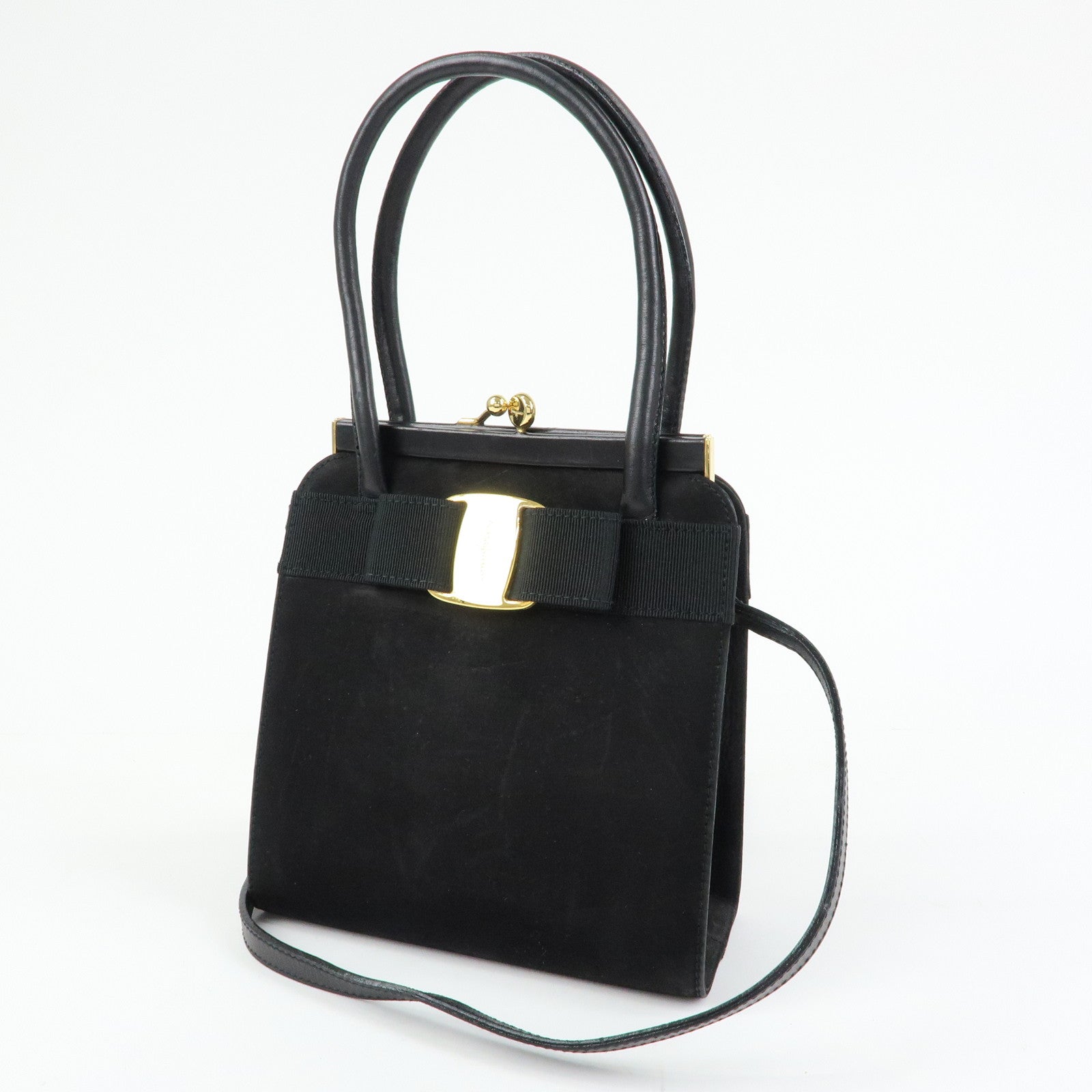 Ferragamo Varra Ribbon Suede Leather 2Way Bag Hand Bag Black
