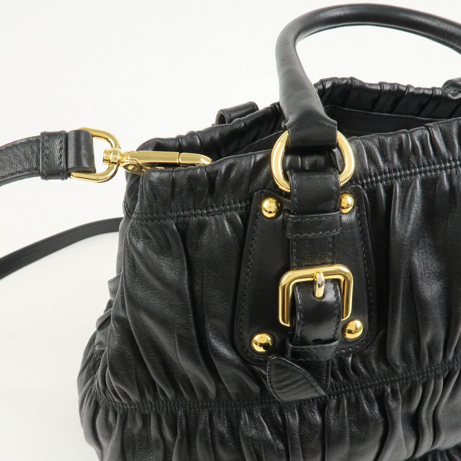 PRADA Leather Gathered 2Way Shoulder Bag Hand Bag Black BN1789