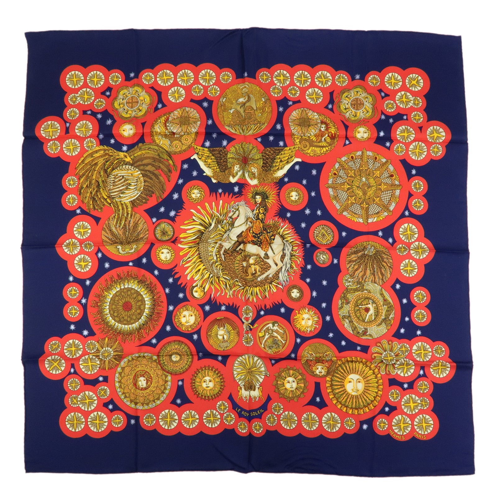 HERMES Carre 90 Silk 100% Scarf LE ROY SOLEIL Navy Red Yellow